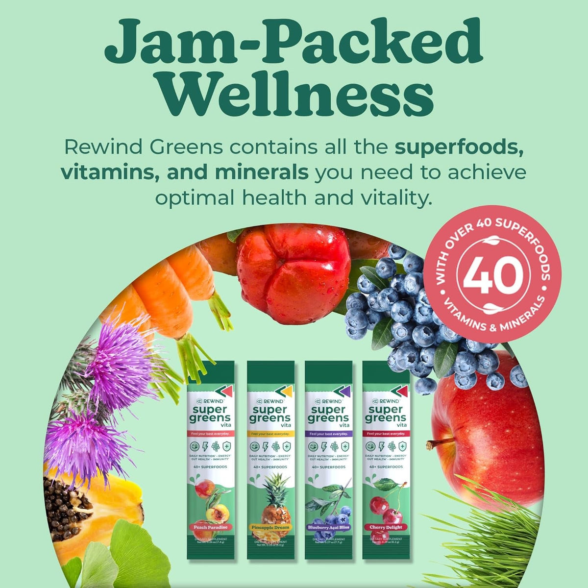 Rewind Best Tasting Vita Variety Sample Stick Pouch - Super Greens Powder Packets - Delicious Green Juice Drink Mix with Amazing Flavor - over 40 Superfoods - Variety Pack (12 Sticks)
