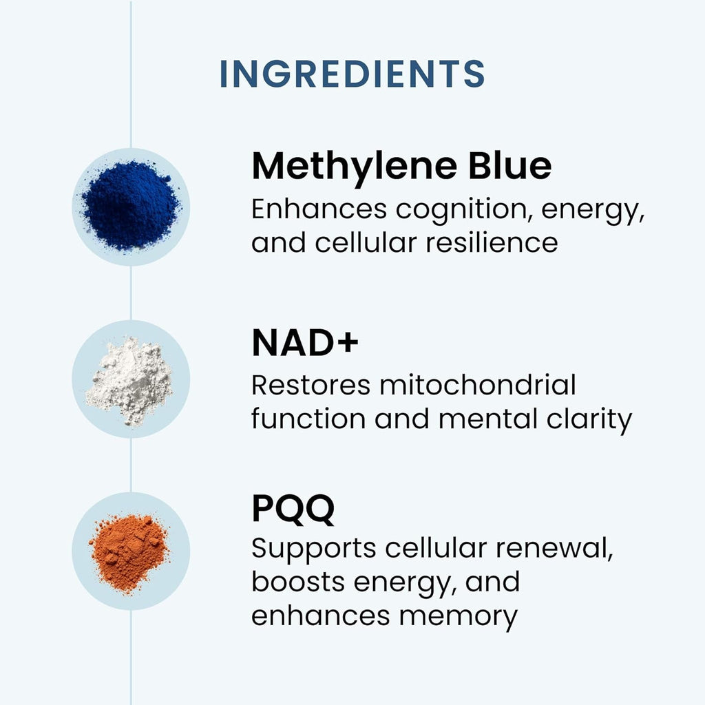 Recharge – Cognitive Performance, Mitochondrial Boost, Energy Production - Methylene Blue, NAD, PQQ | 60Ct (1 Month Supply)