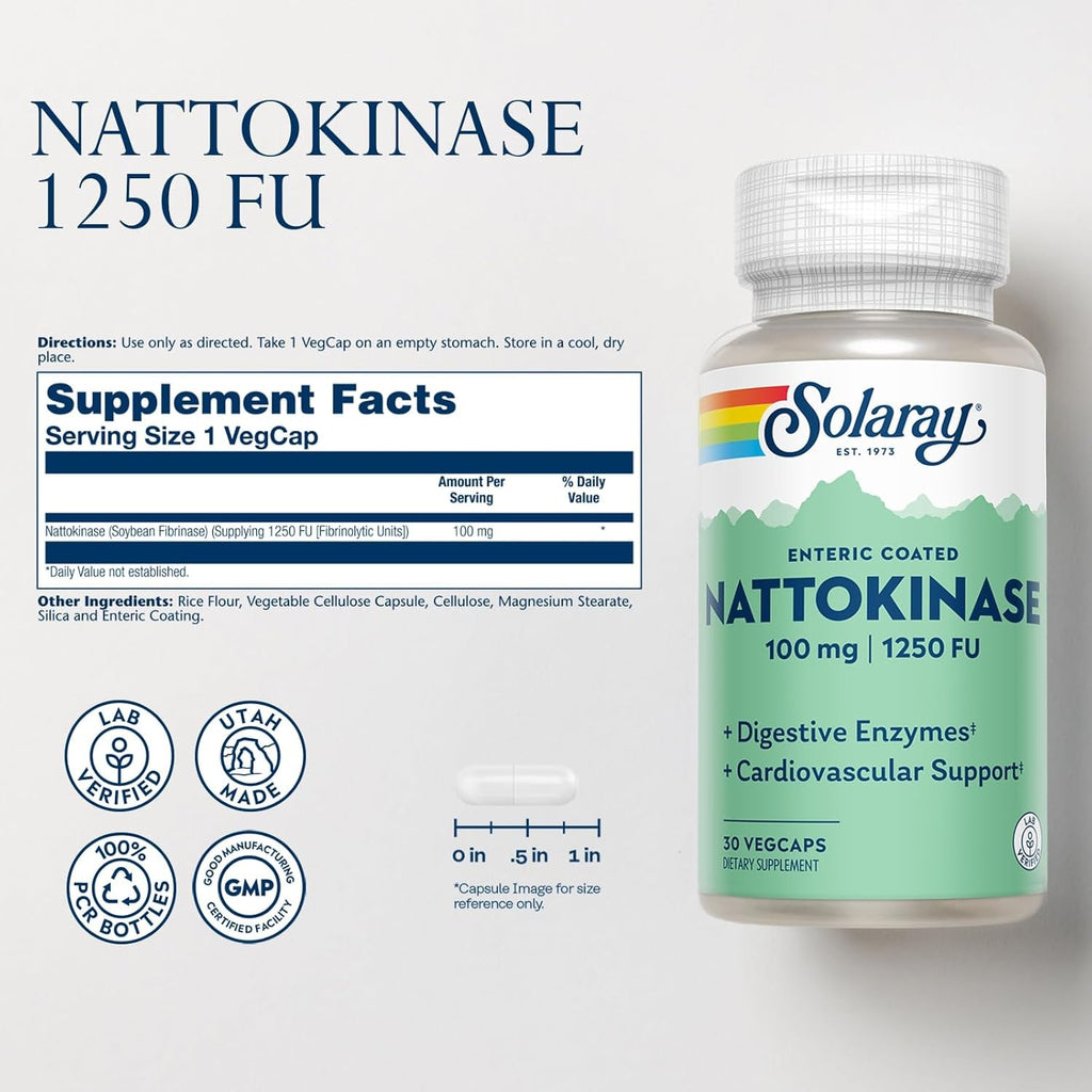 SOLARAY Nattokinase Supplement 1250 FU for Men & Women - Digestive Natto Enzymes, Heart Health & Circulation Support, Nattokinase Capsules 100 Mg, Enteric Coated - 30 Veg Caps