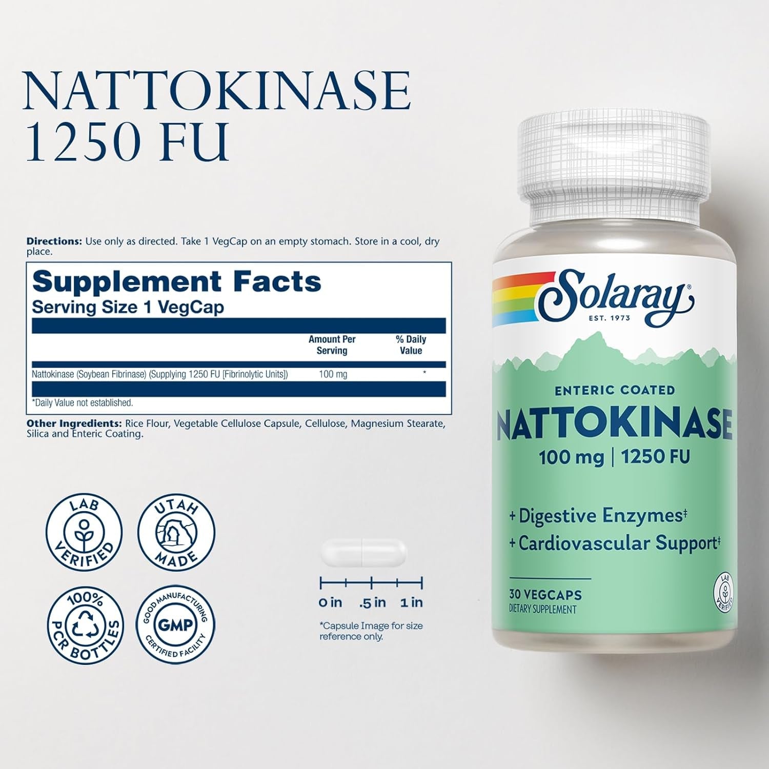 SOLARAY Nattokinase Supplement 1250 FU for Men & Women - Digestive Natto Enzymes, Heart Health & Circulation Support, Nattokinase Capsules 100 Mg, Enteric Coated - 30 Veg Caps