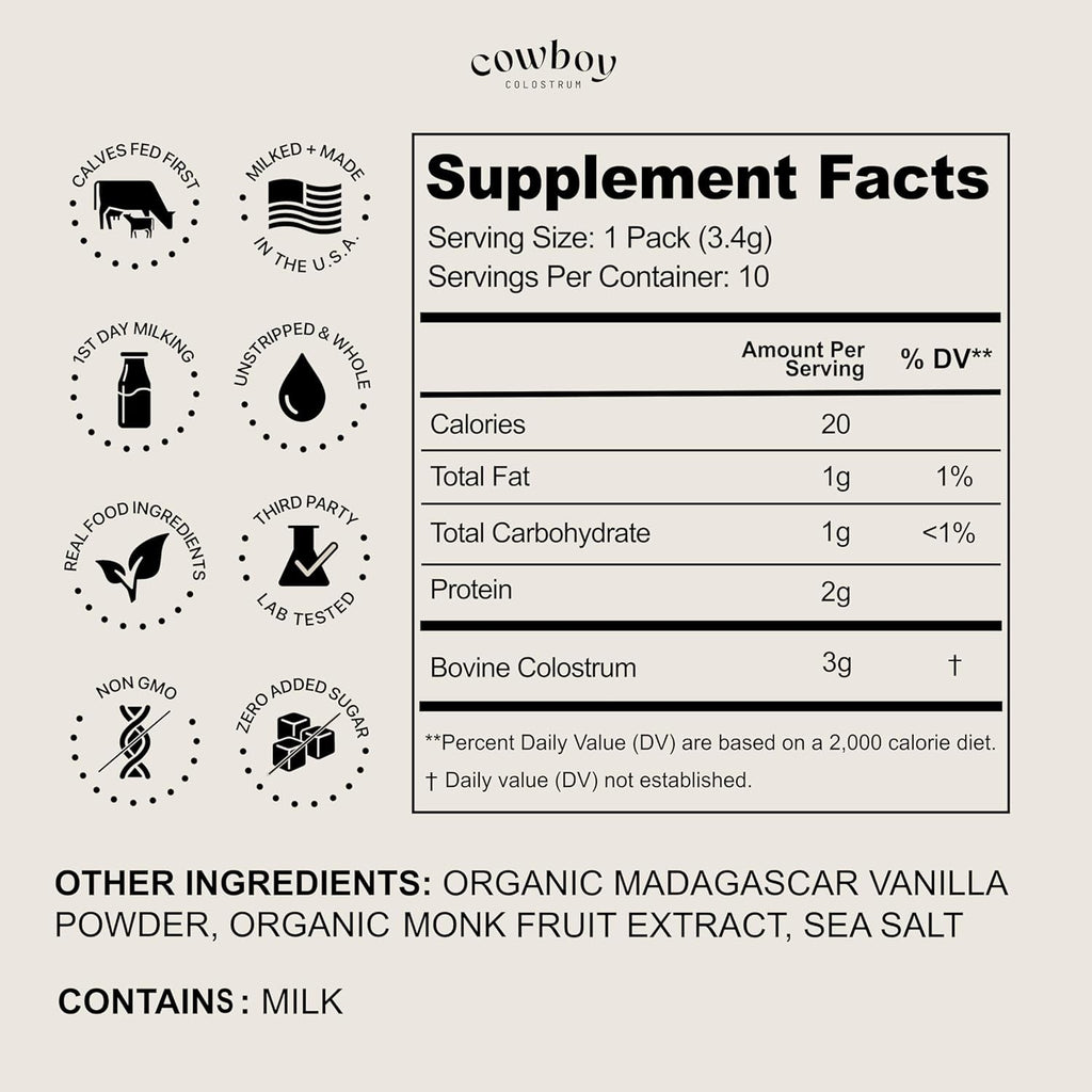 Cowboy - the Exclusive 1St Milking, Whole, Grass Fed Colostrum Supplement for Full Body Health - Bovine Colostrum Powder Packed W/Bioactive Nutrients (10 Travel Packs - Vanilla)