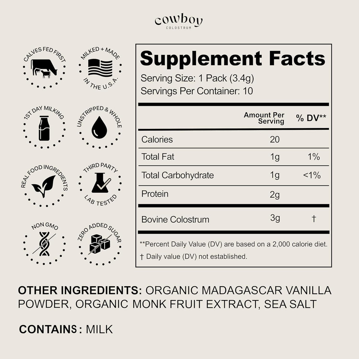 Cowboy - the Exclusive 1St Milking, Whole, Grass Fed Colostrum Supplement for Full Body Health - Bovine Colostrum Powder Packed W/Bioactive Nutrients (10 Travel Packs - Vanilla)