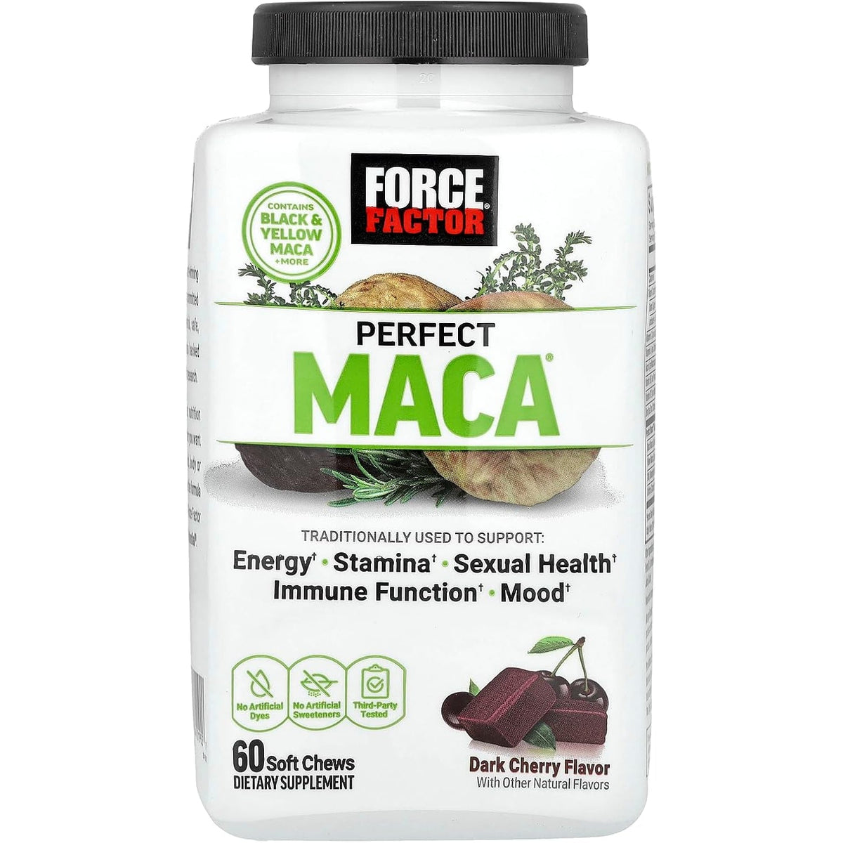 Force Factor Perfect Maca, Maca Root and DIM Supplement with Saffron to Boost Energy and Mood, with Yellow and Black Maca, Vitamins, Minerals, and Antioxidants, Dark Cherry Flavor, 60 Soft Chews