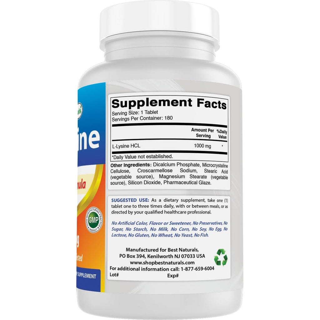 Best Naturals L-Lysine 1000Mg 180 Tablets - Double Strength Lysine for Stronger Immune Health & Cold Sores