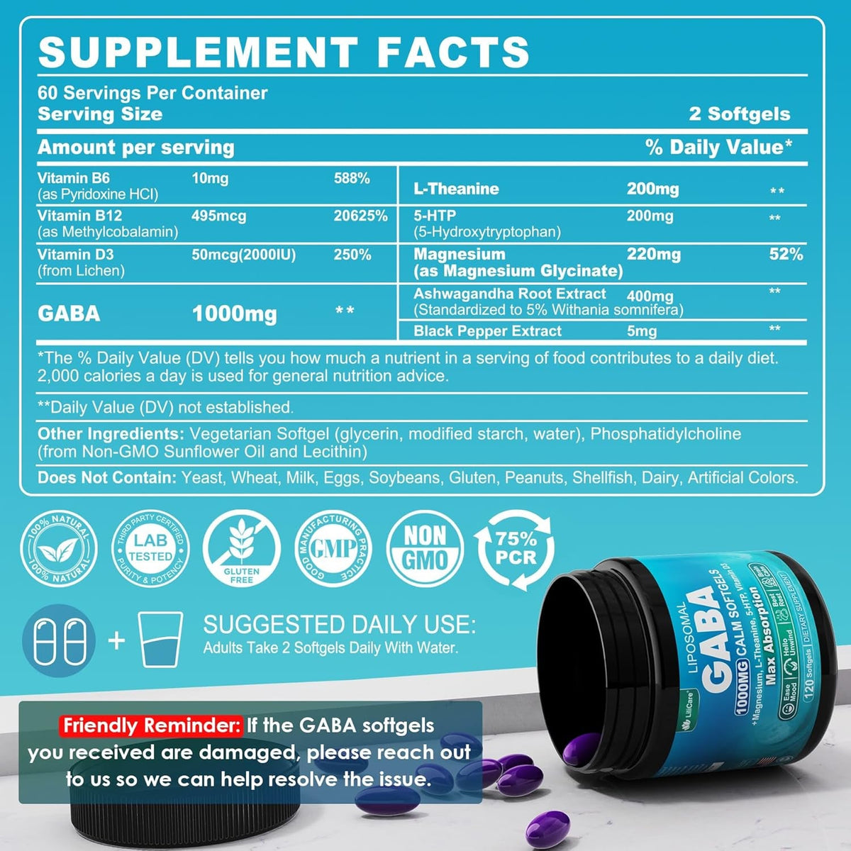 GABA Supplement - 1000 Mg Liposomal Form for Optimal Absorption, GABA with L-Theanine, Magnesium Glycinate, 5HTP, Vitamin D3 for Calm, Relaxation, Mood, Restful Night - Melatonin-Free 120 Softgels.