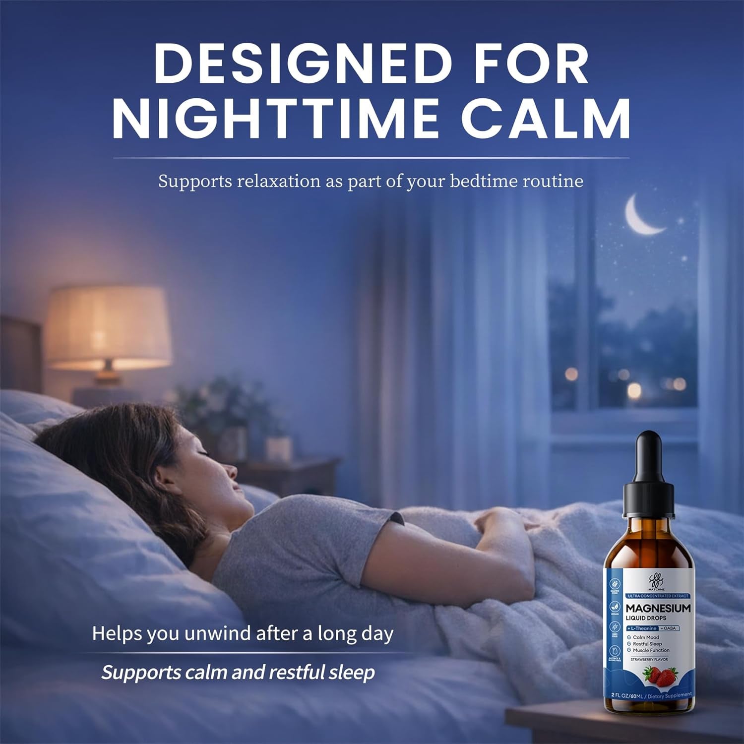Liquid Magnesium Glycinate Drops for Sleep Support & Nighttime Calm,Magnesium Drops with Chamomile, Ashwagandha, L-Theanine & GABA for Relaxation Support, Gentle Absorption, Strawberry Flavor, 2 Fl Oz