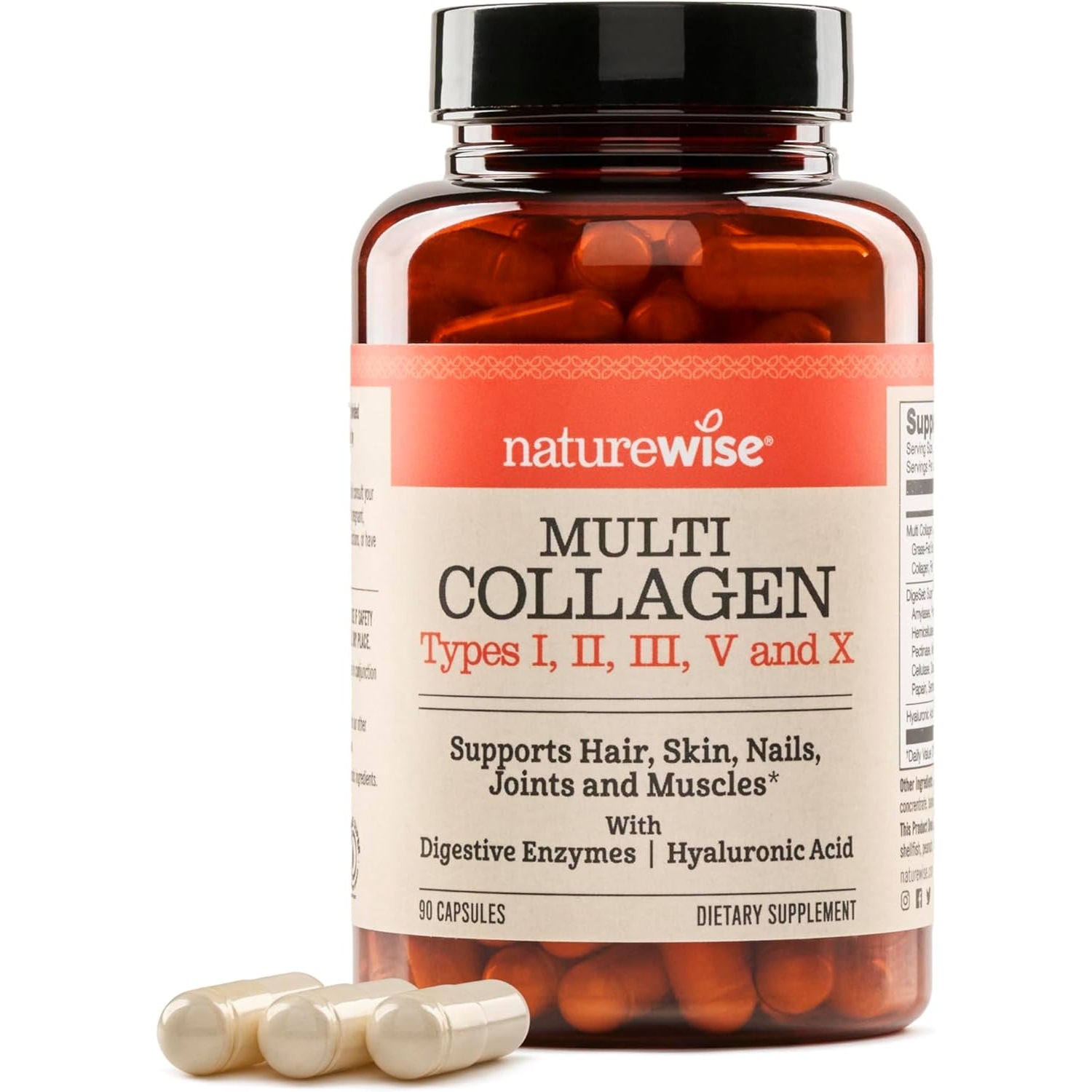 Naturewise Multi Collagen Peptides Pills for Women & Men - Type I, II, III, V, X W/Hyaluronic Acid - Supports Skin, Hair, Joint Health* - Grass Fed, Gluten Free, Non-Gmo - 90 Capsules[30 Day Supply]