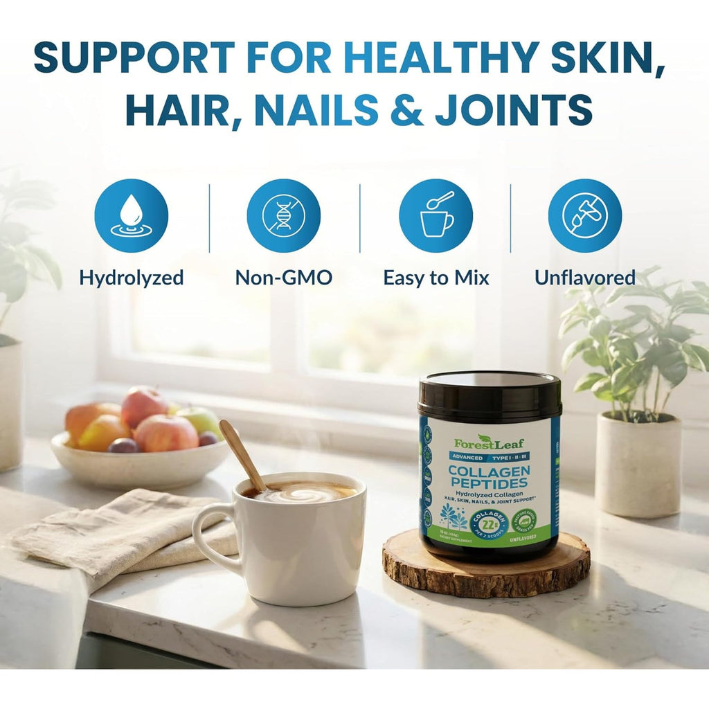 Forestleaf Collagen Peptides Powder Unflavored - Hydrolyzed Grass Fed Keto Collagen Protein Powder Type 1, 2 & 3 - Vital Hair, Skin, Nails, Joints, Recovery, 11G per Serving