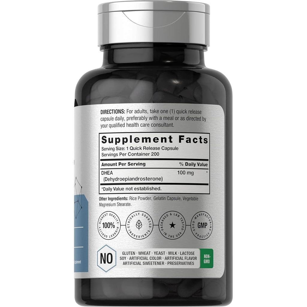 Horbäach DHEA 100Mg | 200 Capsules | Supplement for Men and Women | Non-Gmo, Gluten Free