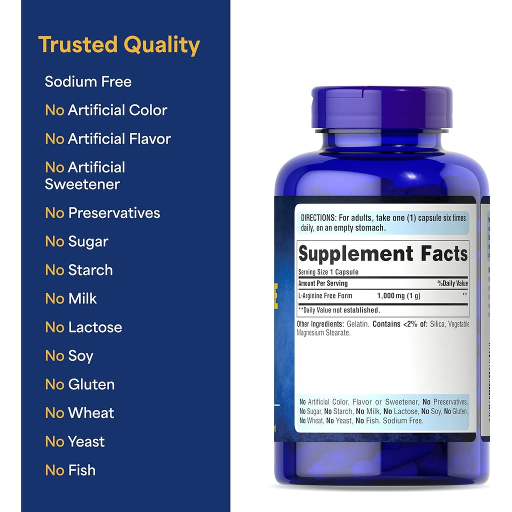 Puritan'S Pride L-Arinine 1000Mg, Dietary Supplement Supports Nitric Oxide Levels and Heart and Circulatory Heath, 100 Day Supply, 100 Tablets
