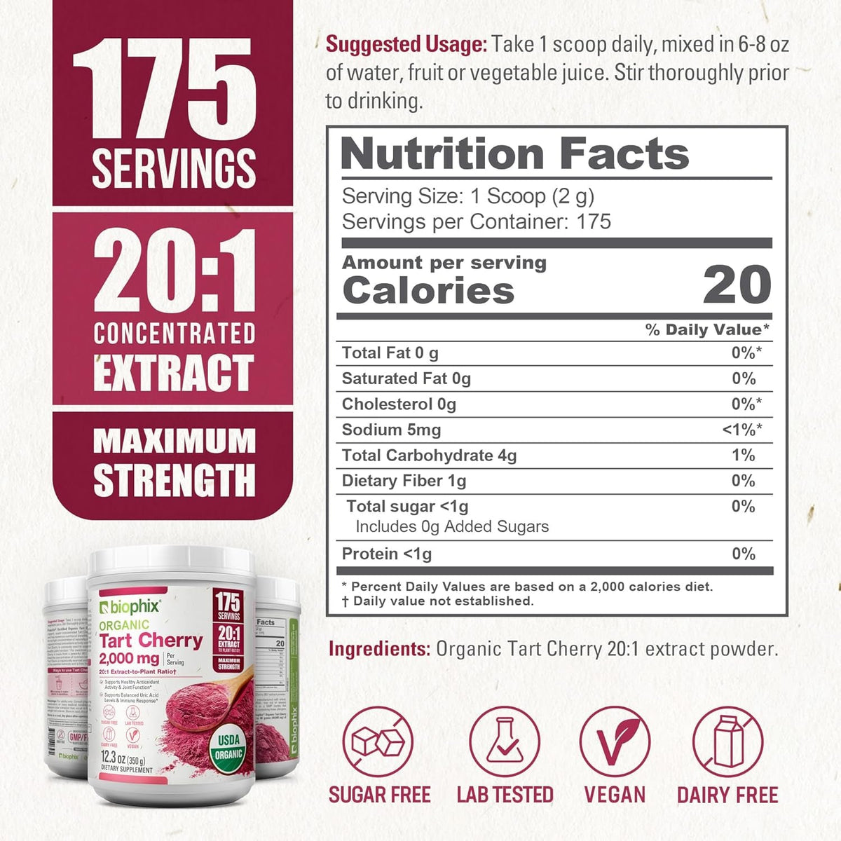 Biophix Tart Cherry Powder Organic USDA 20:1 Extract 12.3 Oz 350 G - Antioxidant-Rich Superfood - Supports Heart Health - Digestive Health - Natural Flavor - No Sugar Added