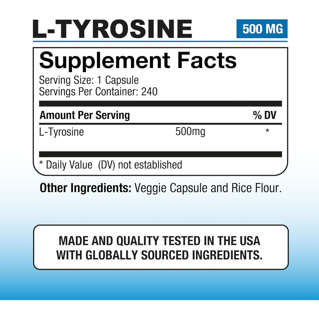 Puregen Labs L-Tyrosine 500 Mg, 240 Vegetable Capsules | No Harmful Additives | Non-Gmo, Vegan, Gluten Free, Dairy Free - 240 Servings