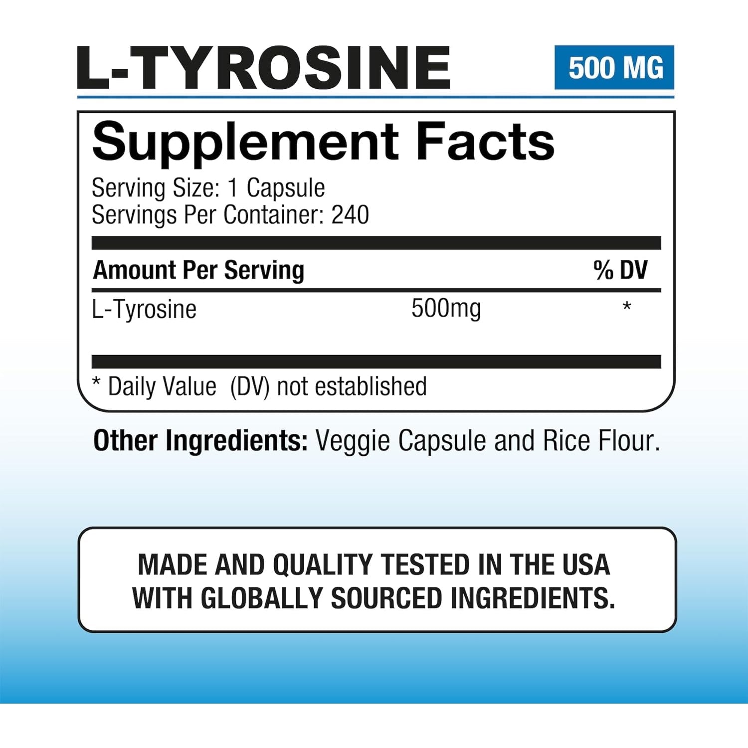 Puregen Labs L-Tyrosine 500 Mg, 240 Vegetable Capsules | No Harmful Additives | Non-Gmo, Vegan, Gluten Free, Dairy Free - 240 Servings