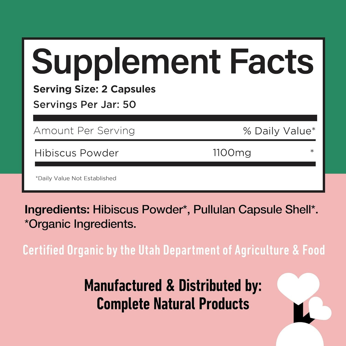 Complete Natural Products Organic Hibiscus Capsules, 550Mg, 100Ct, Plant-Based, Organic Flower Powder for Antioxidant & Digestive Support, Vegan & Non-Gmo