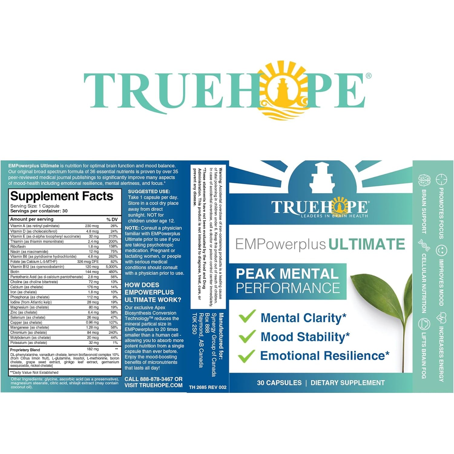 Truehope Empowerplus Ultimate Strength | Most Effective Brain, Energy & Focus Supplement | 1000% Better Absorption | Backed by 37 Research Studies & 28 Years of Success | 30 Day Supply