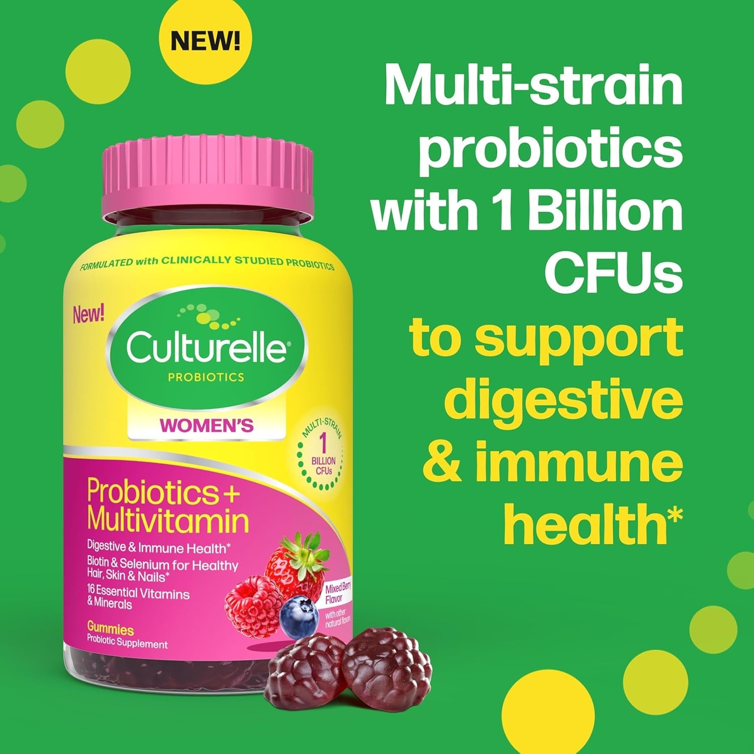 Culturelle® Women’S Probiotics + Multivitamins, Supports Digestive and Immune Health, Biotin & Selenium for Healthy Hair, Skin, Nails – 60 Gummies