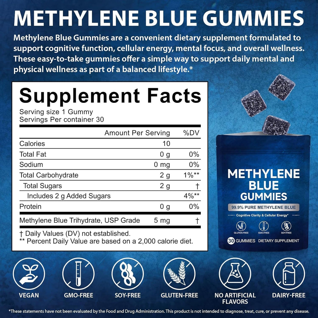 Methylene Blue Gummies 5Mg per Serving, Supports Cognitive Function, Cellular Energy, Mental Focus, Antioxidant Activity, 99.9% Pure | 30 Gummies