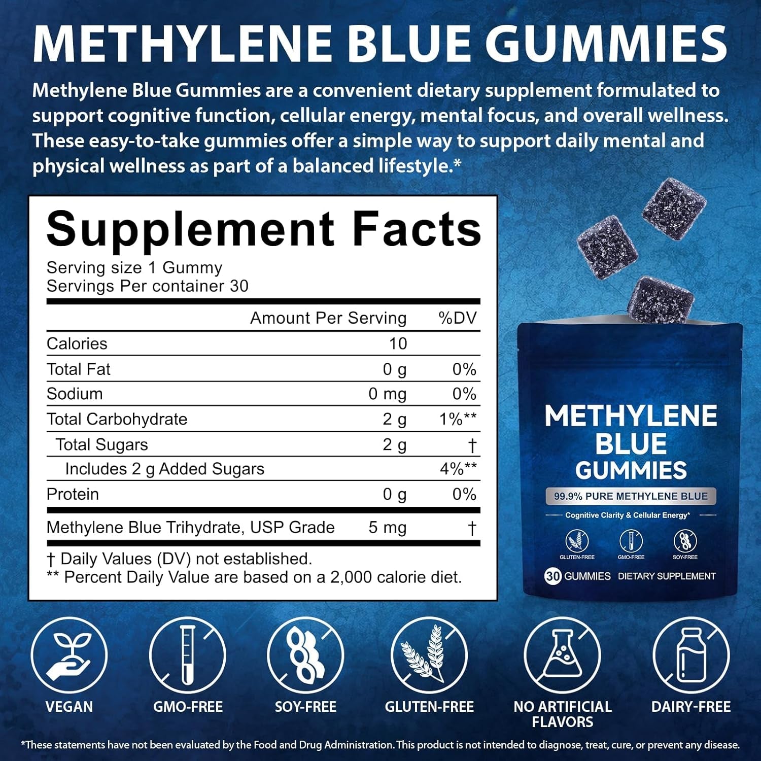 Methylene Blue Gummies 5Mg per Serving, Supports Cognitive Function, Cellular Energy, Mental Focus, Antioxidant Activity, 99.9% Pure | 30 Gummies
