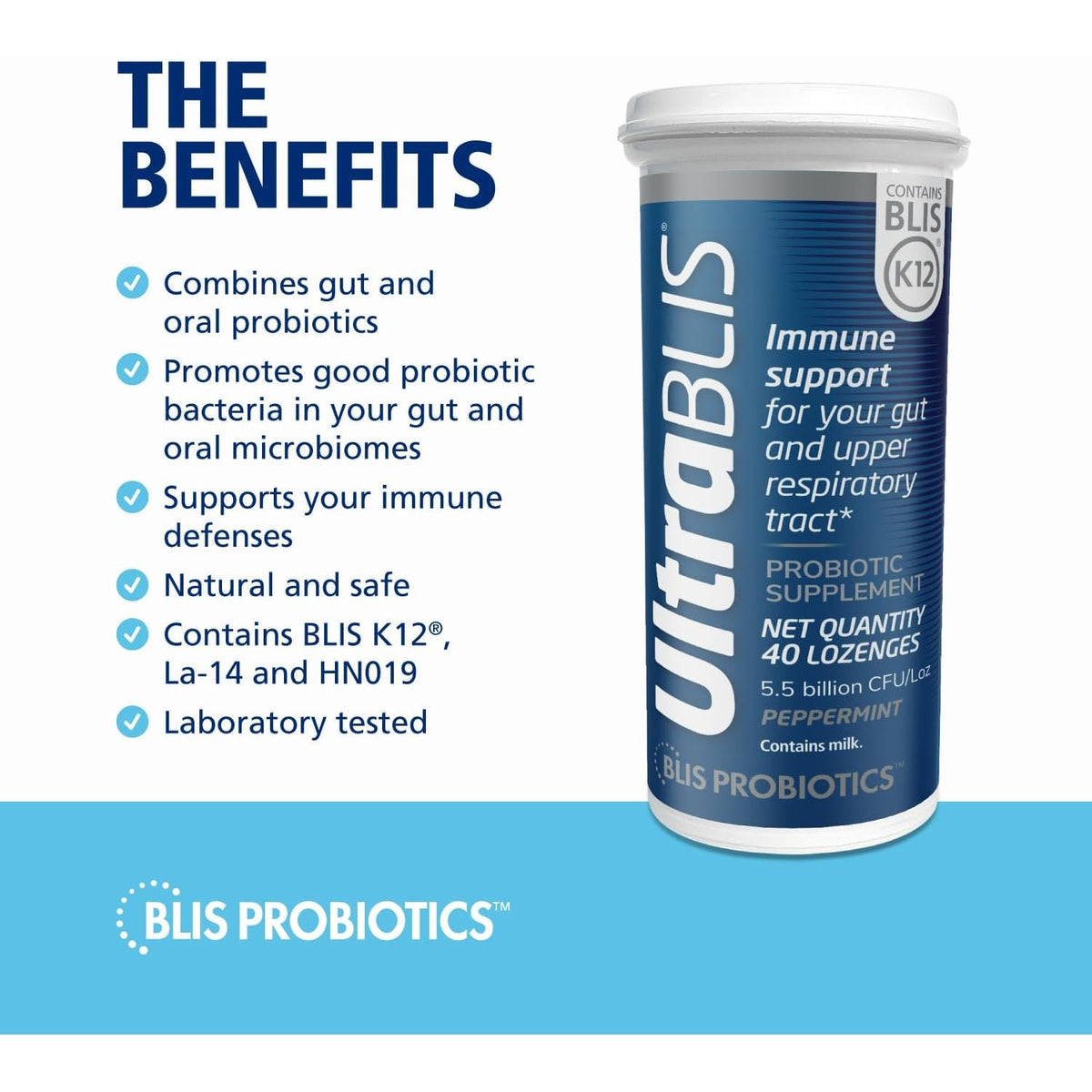 BLIS Ultrablis Probiotic Lozenges - Immune, Gut & Oral Health, K12, Peppermint - 40 Count