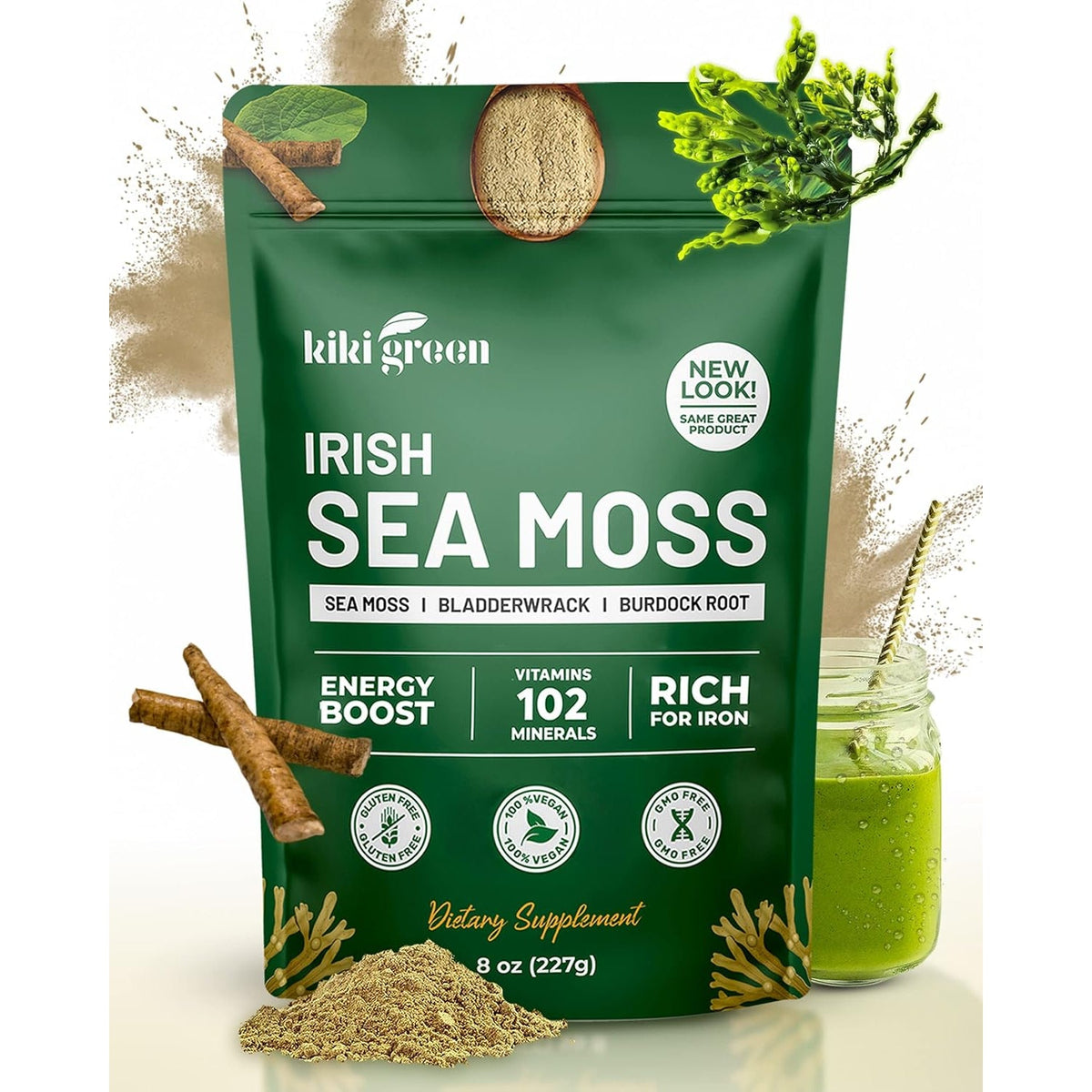 KIKI Green Irish Sea Moss Powder 8 Oz - with Bladderwrack Burdock Root Extract for Immune Support - Keto, Vegan Supplement
