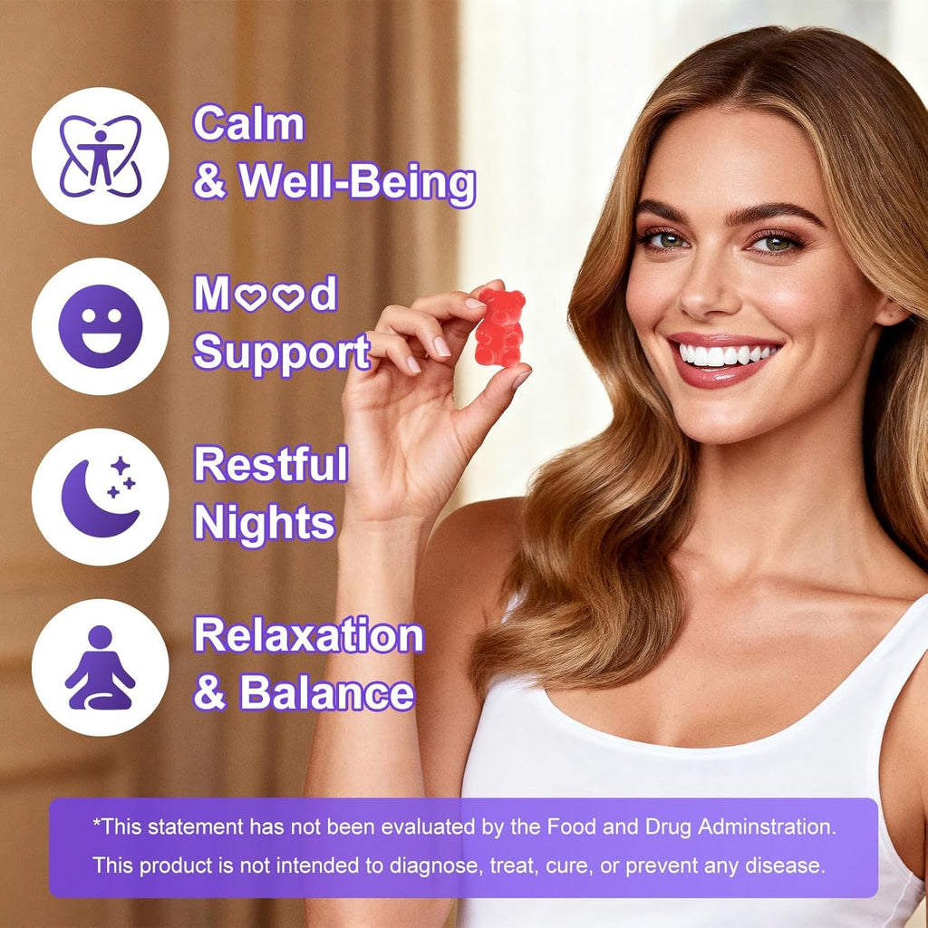 Sugar Free L-Theanine Gummies, L Theanine Supplement for Adults & Kids, L'Theanine with Ashwagandha, Magnesium, 5HTP & GABA - Support Calm, Relax, Zzz, Focus, Vegan Strawberry Flavor, 60 Count