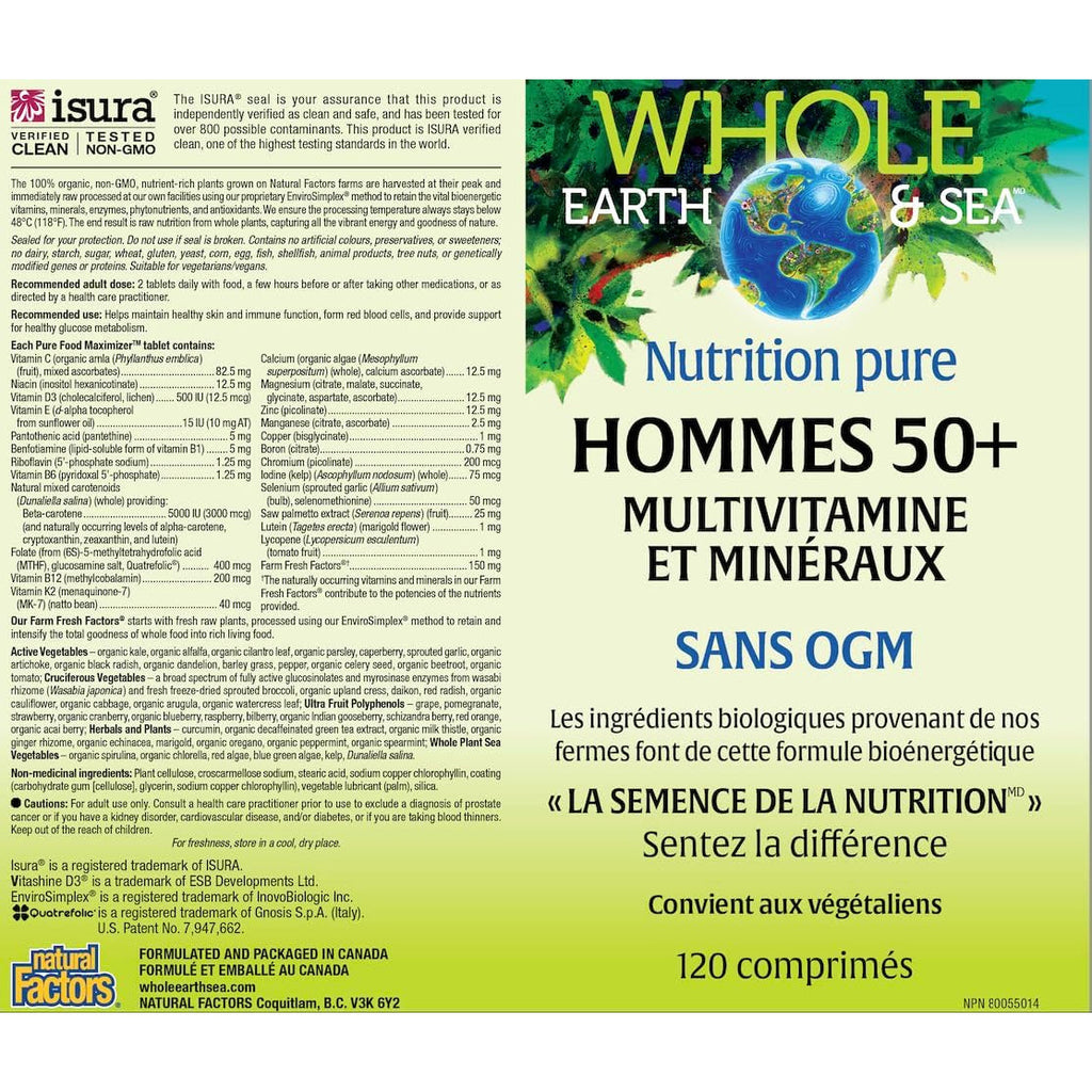 Natural Factors Whole Earth & Sea Men'S 50+ Multivitamin & Mineral - Daily Nutritional Support Multivitamin - Supports Brain Health & Immune System Function - Vegan - 120 Tablets (60 Servings)