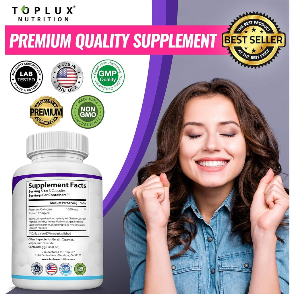 Toplux Multi Collagen Peptides Pills 1800 Mg Complex - Type I, II, III, V, X Premium Collagen Complex for Better Skin & Hair, Strong Joint, Hydrolyzed Protein, for Men Women, 90 Capsules, Supplement