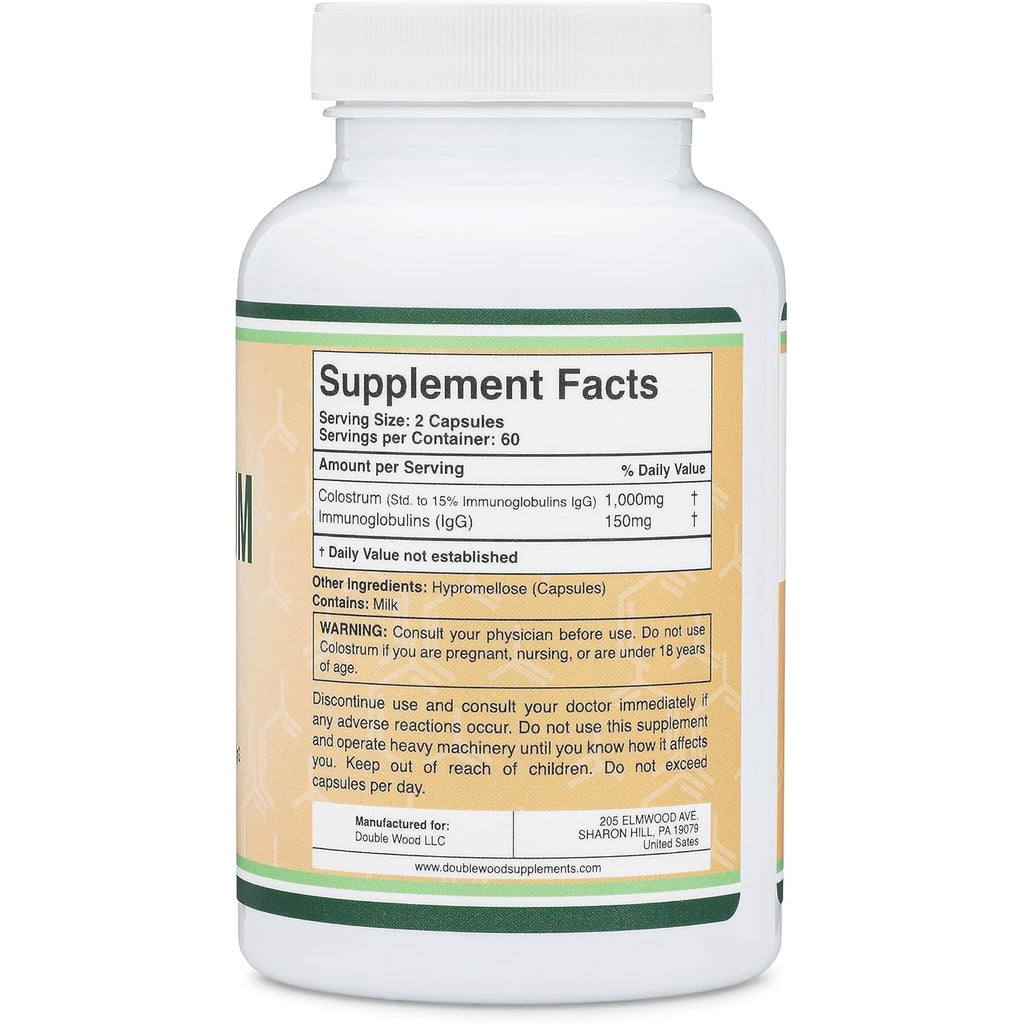 Colostrum Supplement 120 Capsules, 1,000Mg per Serving (Bovine Colostrum Powder from First Milking Only, Std. to Contain 15% Igg Immunoglobulins) No Fillers, Third Party Tested by Double Wood