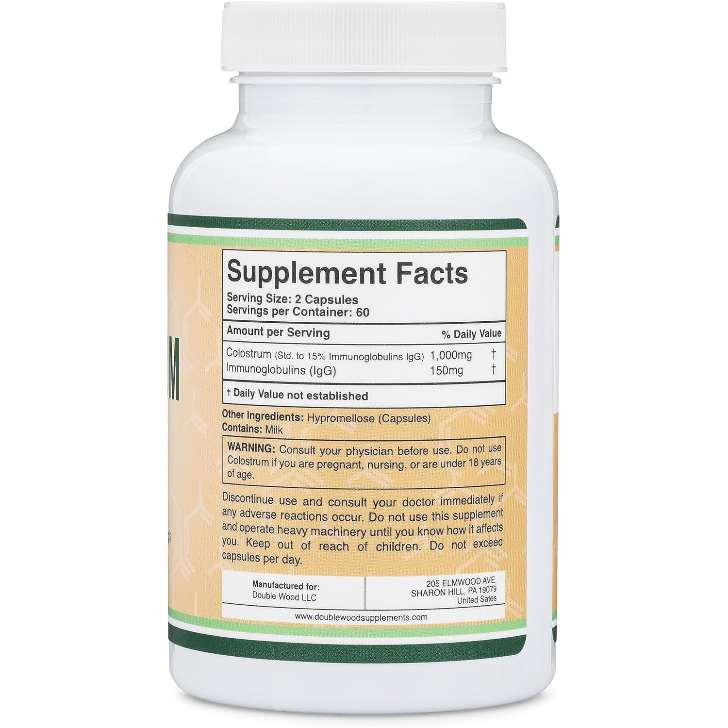 Colostrum Supplement 120 Capsules, 1,000Mg per Serving (Bovine Colostrum Powder from First Milking Only, Std. to Contain 15% Igg Immunoglobulins) No Fillers, Third Party Tested by Double Wood