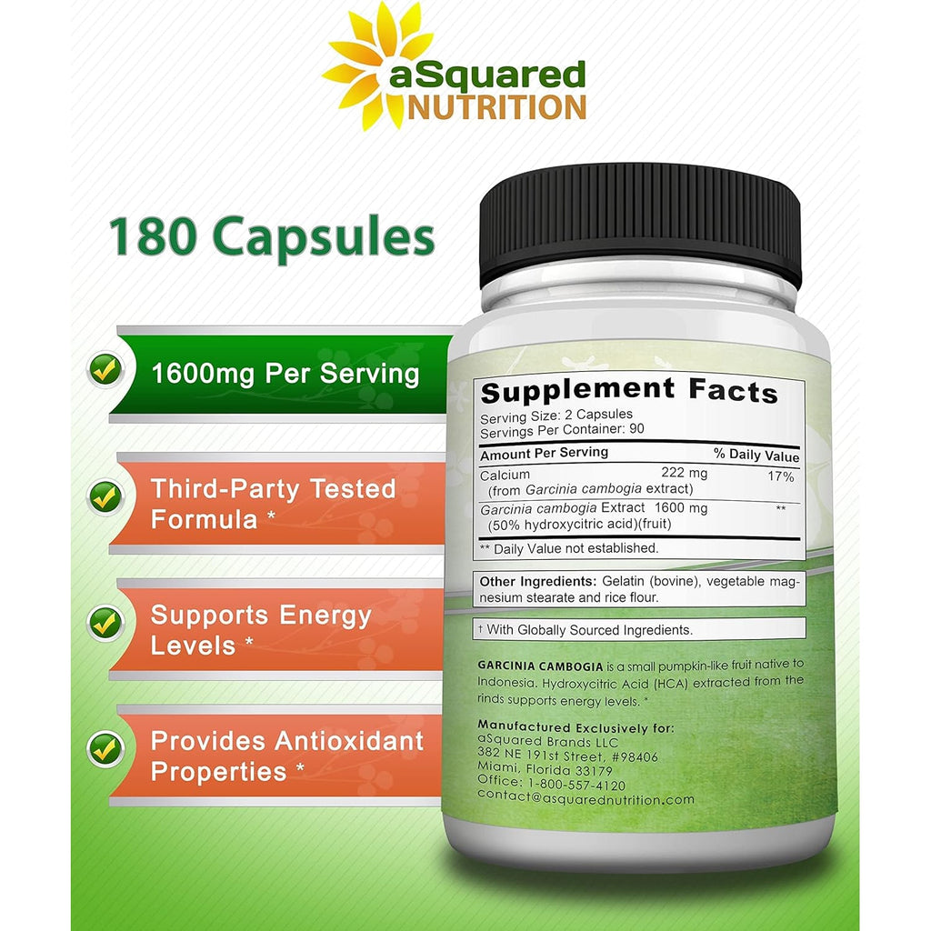 Asquared Nutrition Garcinia Cambogia 1600Mg-180 Capsules-Natural Pure Extract Pills for Brain Health- Standardized Ultra HCA & Garcinia Cambogia Supplement Alternative to Gummies, Drops, Tea & Powder