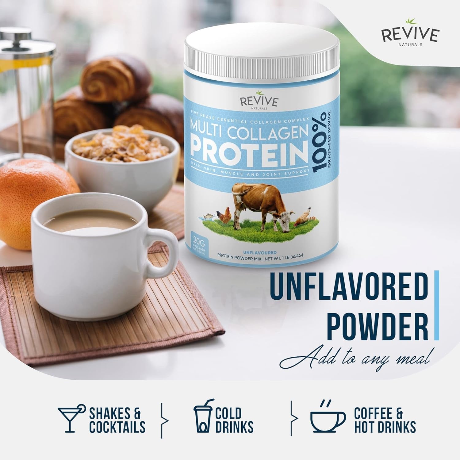 Revive Naturals Multi Collagen Hydrolyzed Protein Powder (16Oz) - Types I, II, III, V & X - Grass Fed Bovine, Wild Caught Marine, Free Roaming Chicken & Eggshell Collagen Peptides,