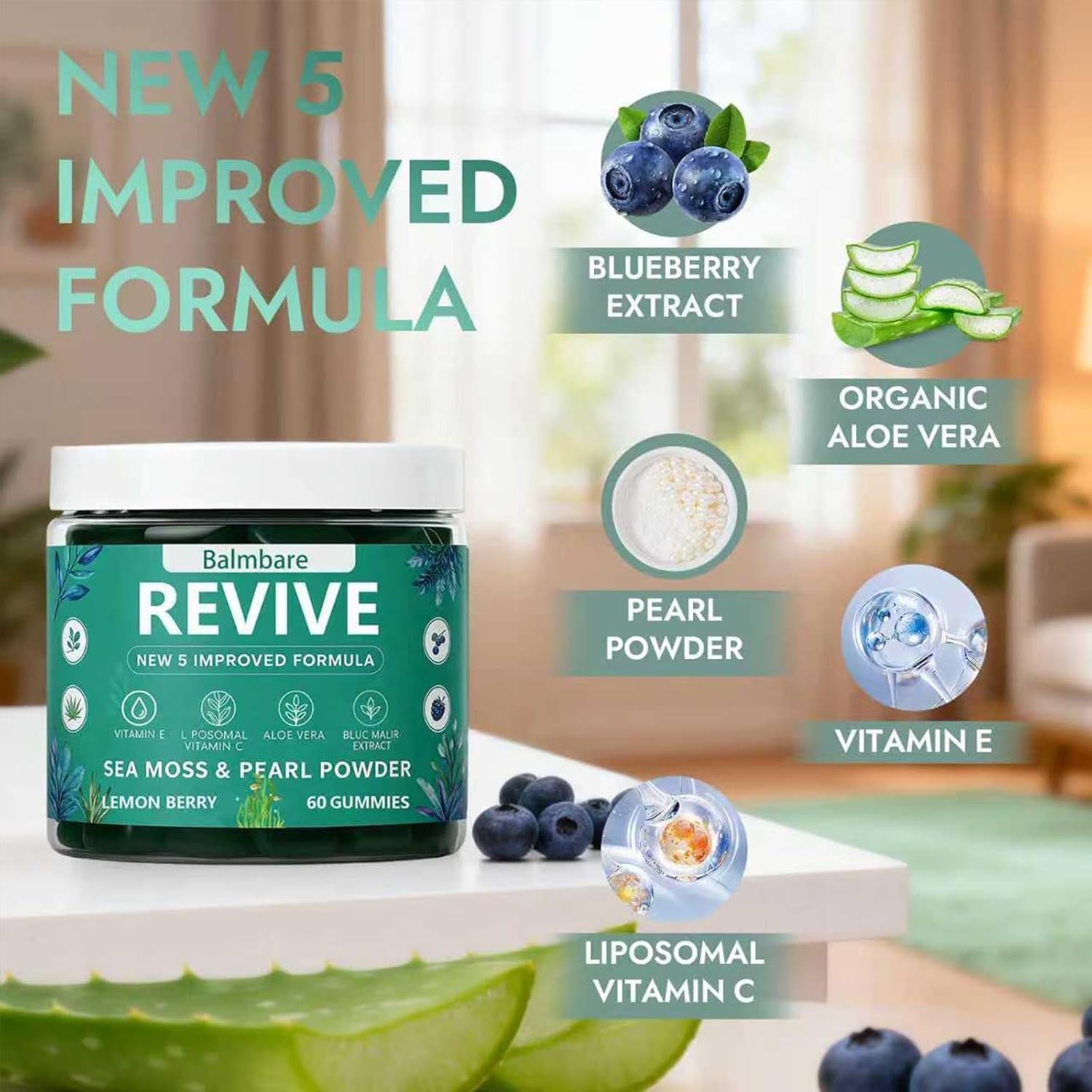 Balmbare Revive Gummies for Hair Loss, with Organic Irish Sea Moss Pearl Powder, Vitamins C & E, Aloe Vera - Supports Healthy Hair, Skin & Nails Growth (1Pcs)