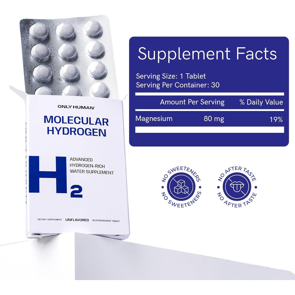 H2 Molecular Hydrogen Water Tablets with Magnesium | 12PPM Hydrogen Tablets for Drinking Water | Unflavored Dietary Supplement | Gluten, Sugar & Soy Free | Made in the USA | 30 Tabs | Only Human