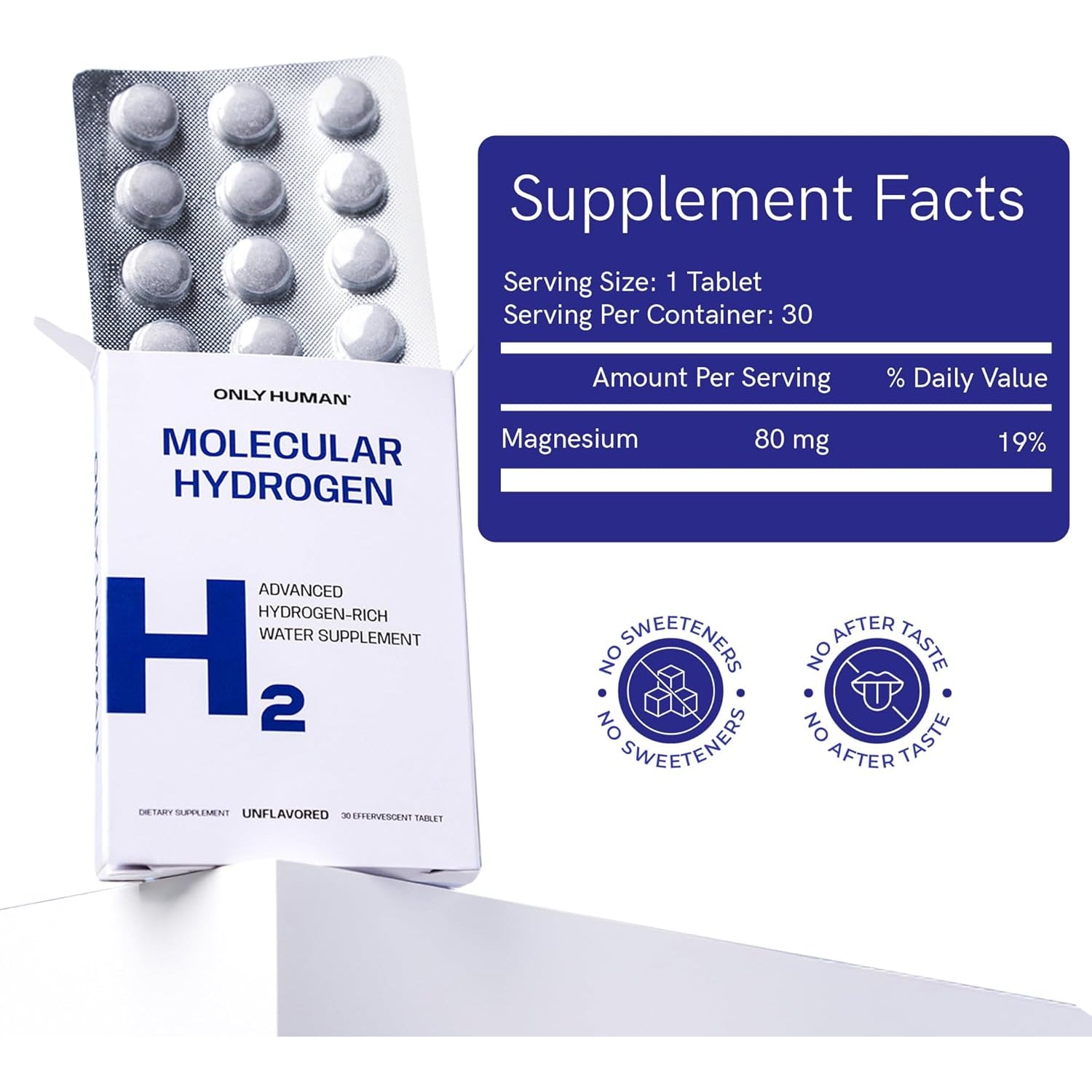 H2 Molecular Hydrogen Water Tablets with Magnesium | 12PPM Hydrogen Tablets for Drinking Water | Unflavored Dietary Supplement | Gluten, Sugar & Soy Free | Made in the USA | 30 Tabs | Only Human
