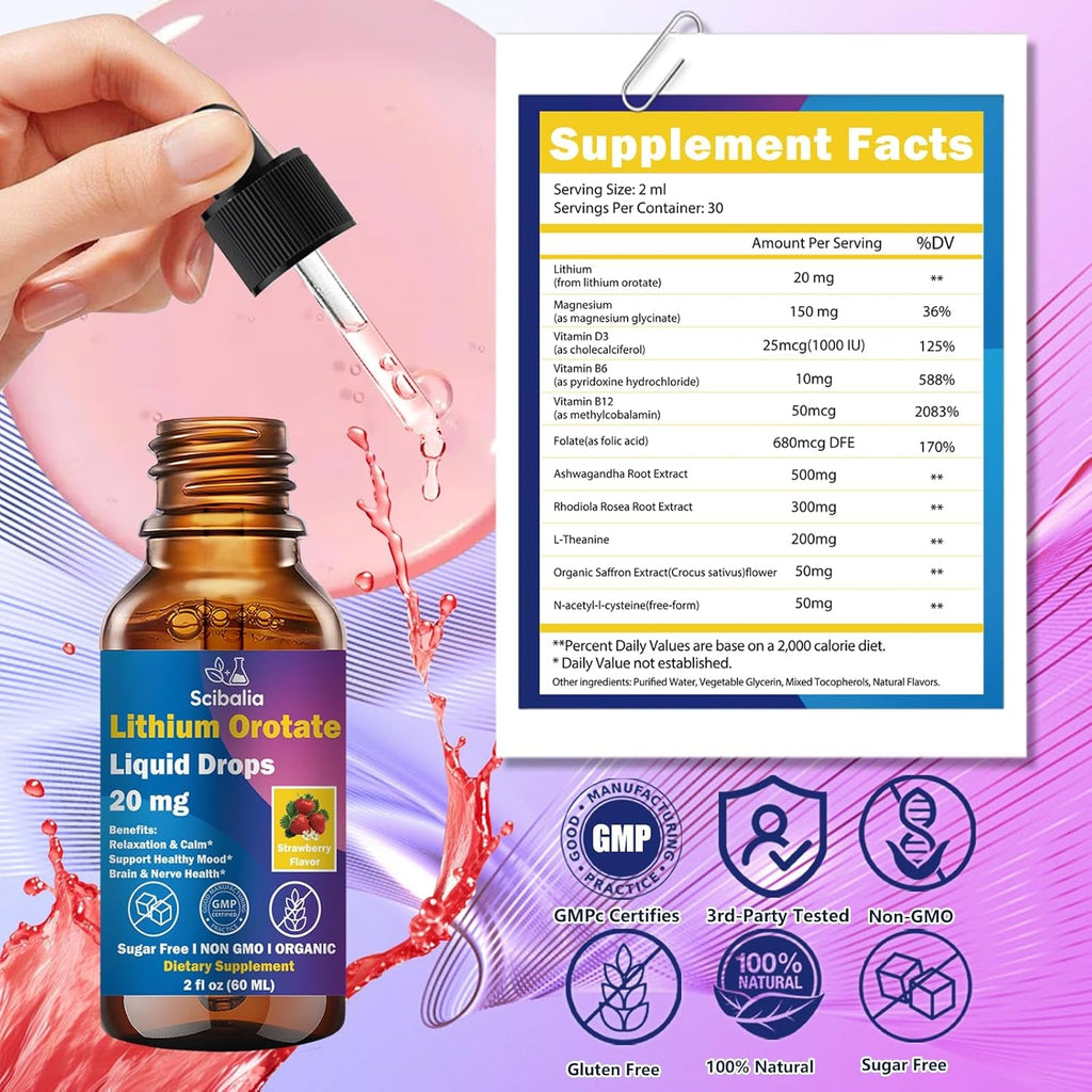 Lithium Orotate Liquid Drops 20Mg, Potency 11-In-1 Lithium Supplement W. NAC Magnesium Ashwagandha Theanine Vitamin D3 B6 B12 for Memory Brain Mood Cognitive Support, Non-Gmo Gluten Free