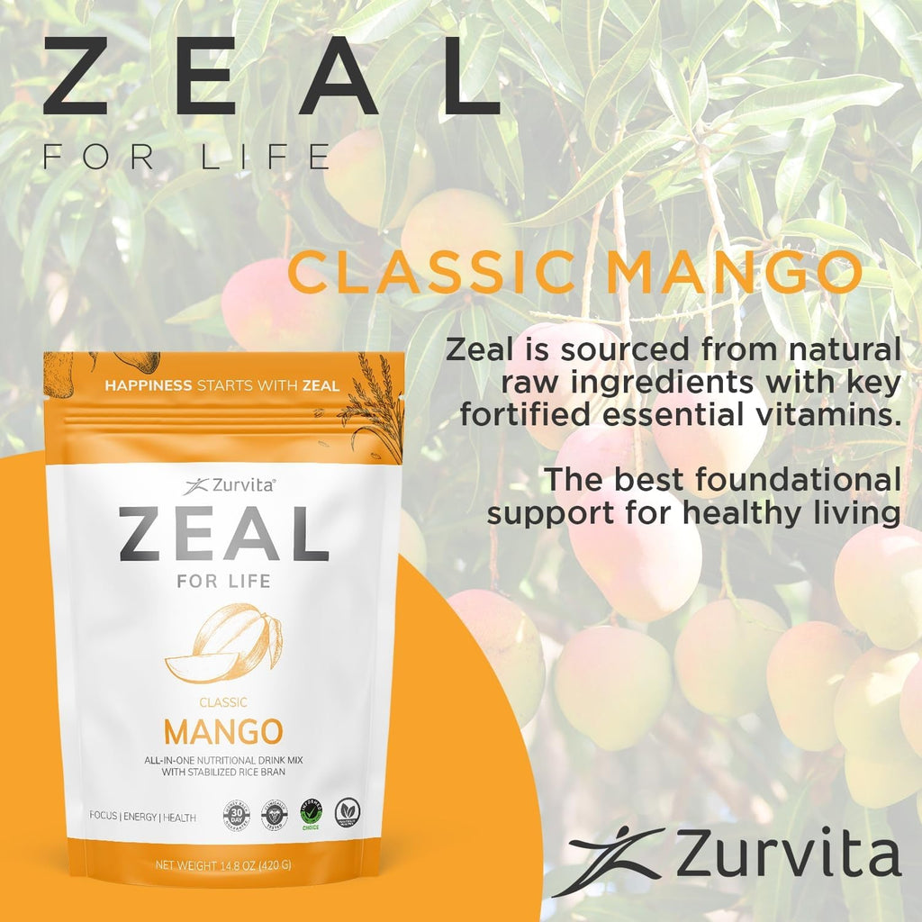 Zurvita Zeal for Life Wellness Drink Mix - Mango Flavor - Gluten-Free, Vegan, with Biotin, Vitamins B12, C, D, E, Iron, Magnesium - 30 Servings (420G)