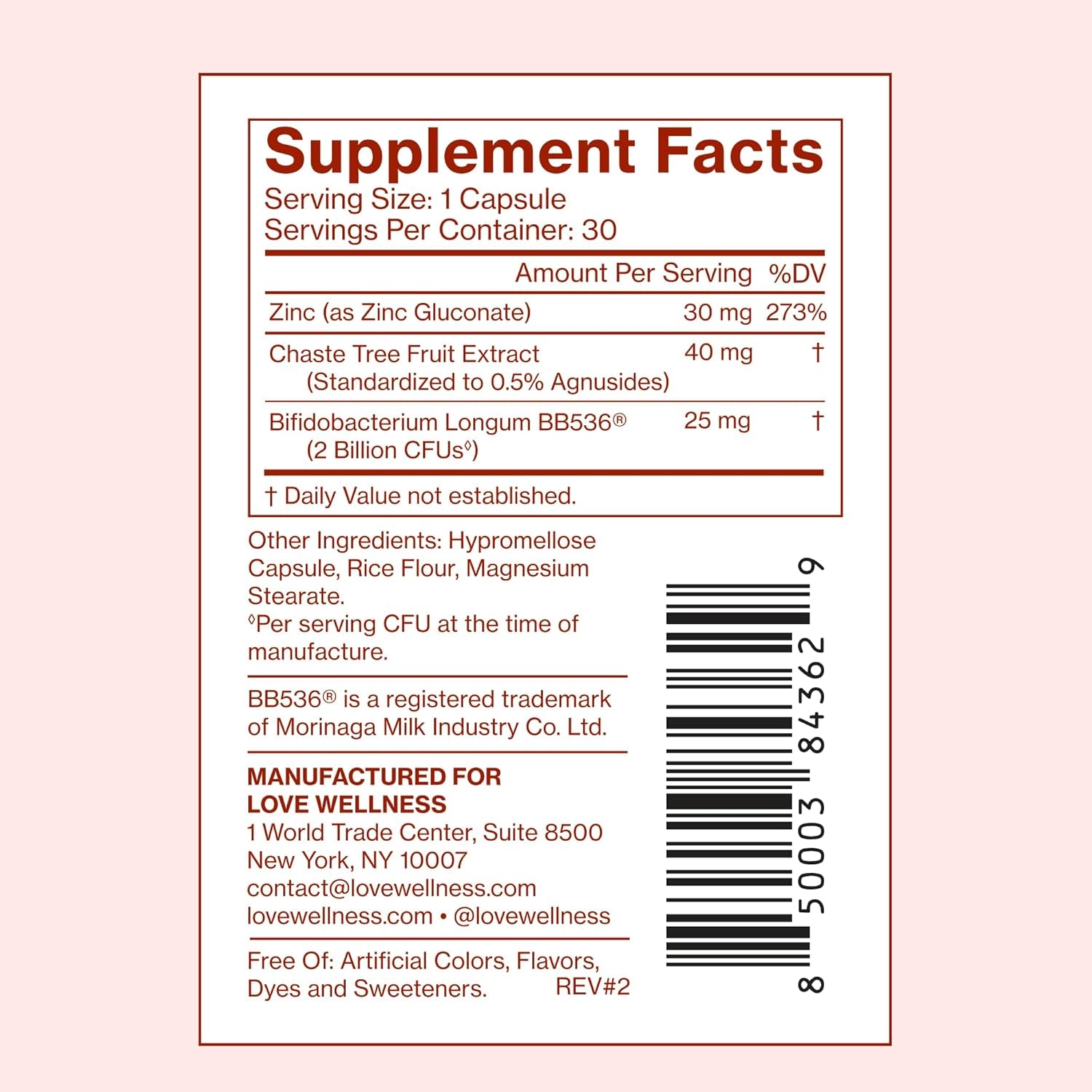 Love Wellness Clear Skin Probiotic | Clear up Hormonal Acne Pimples, Redness & Pore Minimizer | Skin Care with Zinc, Bifidobacterium Longum & Chaste Tree Fruit Extract | Acne Treatment | 30 Count