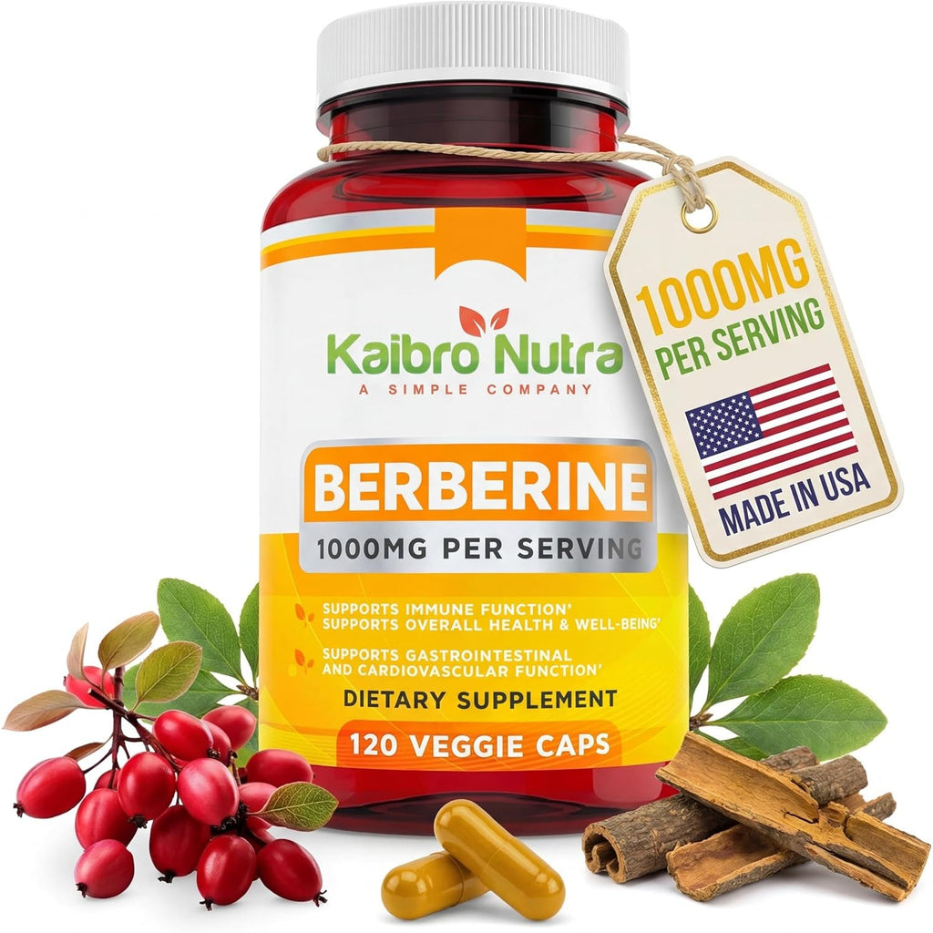 Kaibro Nutra Berberine HCL Supplement 1000Mg - for Immune System, Glucose Support, Circulatory & Gastrointestinal Health, Vegan & Gluten-Free (120 Capsules)