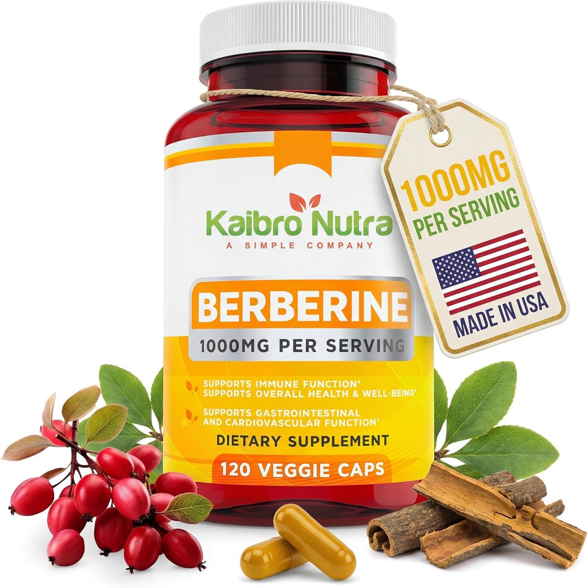 Kaibro Nutra Berberine HCL Supplement 1000Mg - for Immune System, Glucose Support, Circulatory & Gastrointestinal Health, Vegan & Gluten-Free (120 Capsules)
