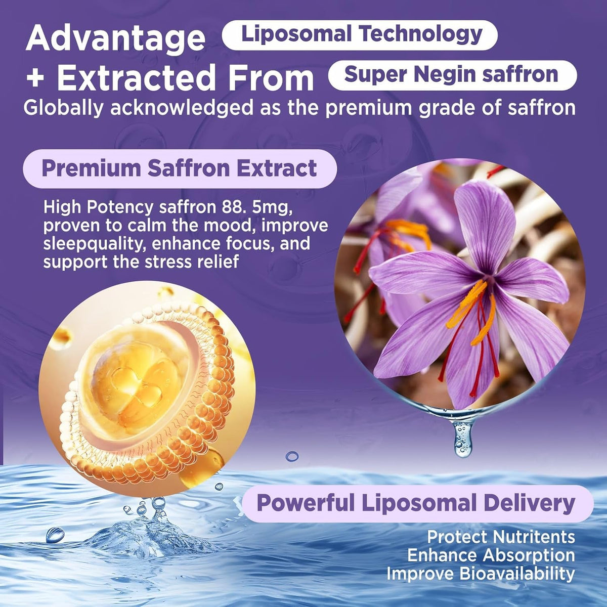 Liposomal Saffron Drops for Kids & Adults, Organic Saffron Supplement W/Magnesium, L-Theanine and Vitamins for Stress, Focus, Vision and Energy Support, Vegan, Natural Lemon Flavor, 2 FL OZ