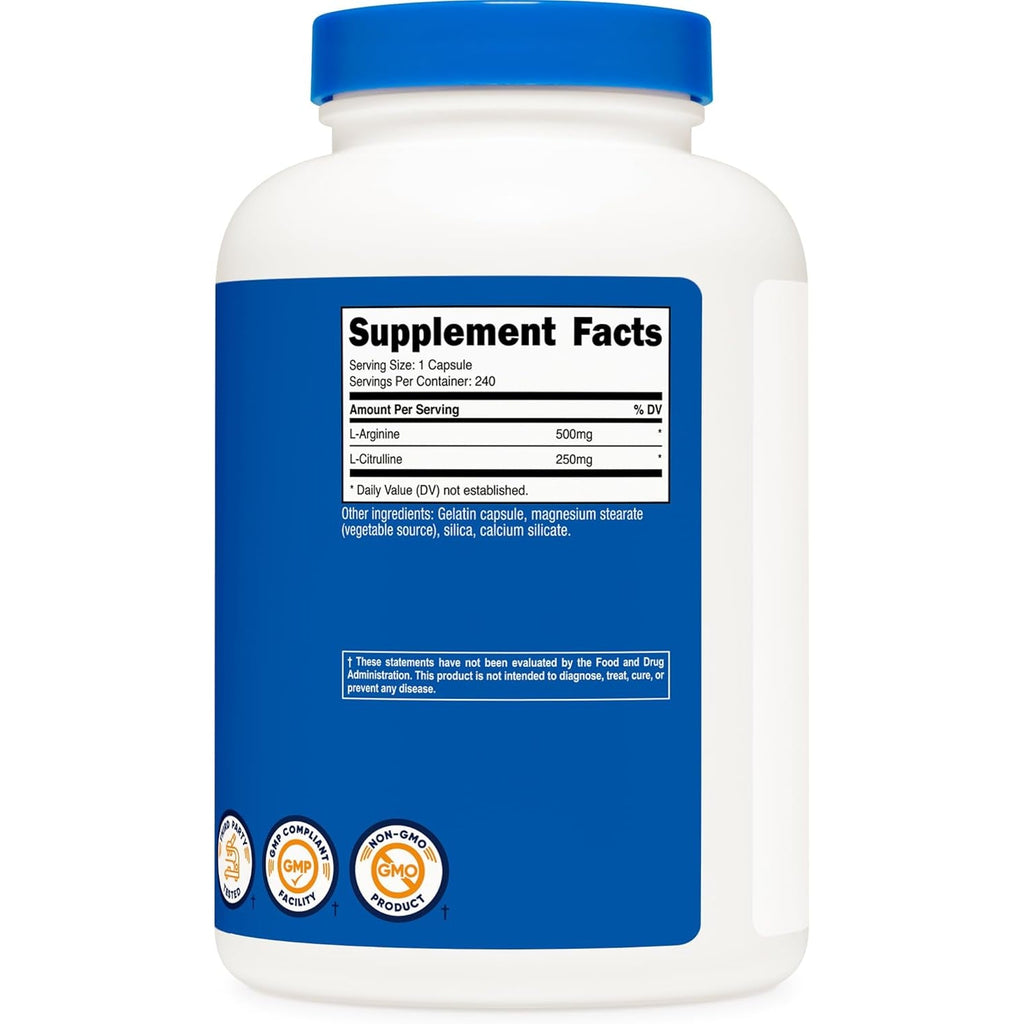 Nutricost L-Arginine L-Citrulline Complex 750Mg, 240 Capsules - Non-Gmo