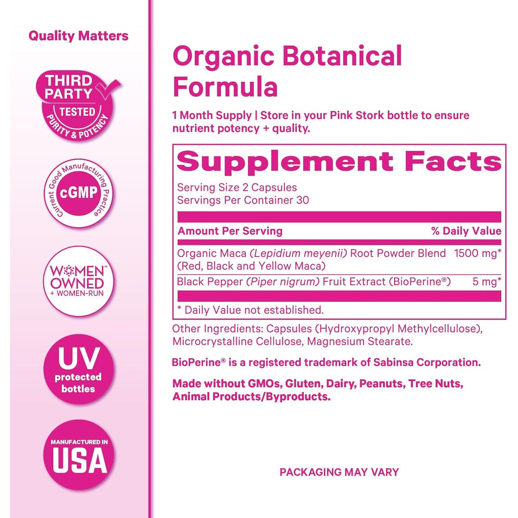 Pink Stork Maca Root Capsules for Women – Organic Maca with Bioperine® for Hormonal Balance, Energy + Wellness – Supports Perimenopause, Menstrual Health, and Vitality