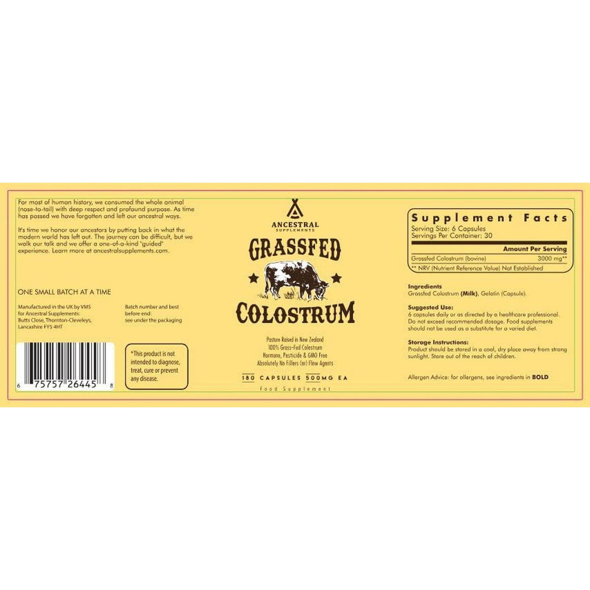 Ancestral Supplements Grass Fed Beef Colostrum Supplement, 3000 Mg, Offers Immune Support and Promotes Gut Health, Athletic Performance, Healthy Iron Levels, Growth and Repair, Non GMO, 180 Capsules