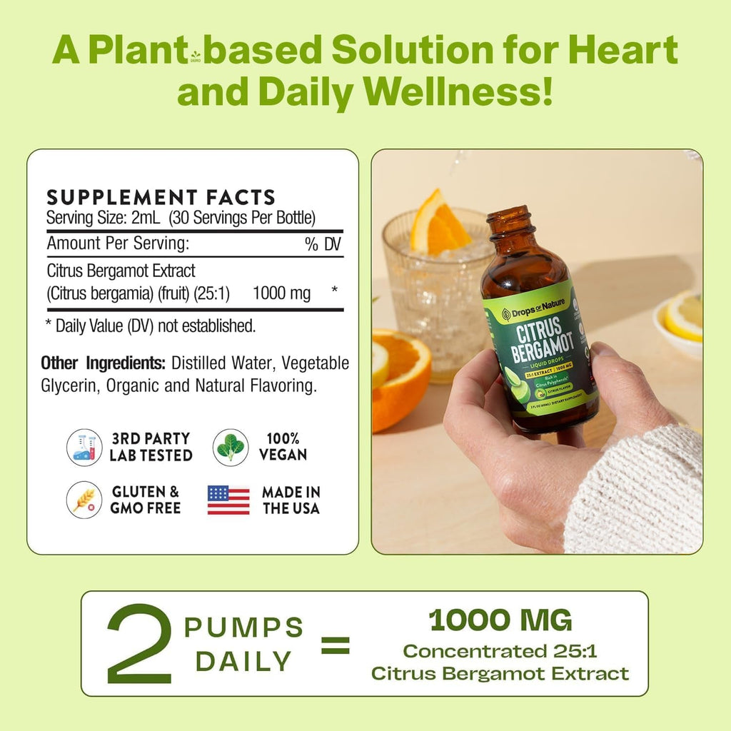Citrus Bergamot Extract 25:1 Liquid Drops – Vegan, Gluten-Free – Comparable to Resveratrol and Berberine Supplement – 1000Mg Bergamot Supplement for Heart Wellness and Metabolic Support (Citrus,60Ml)