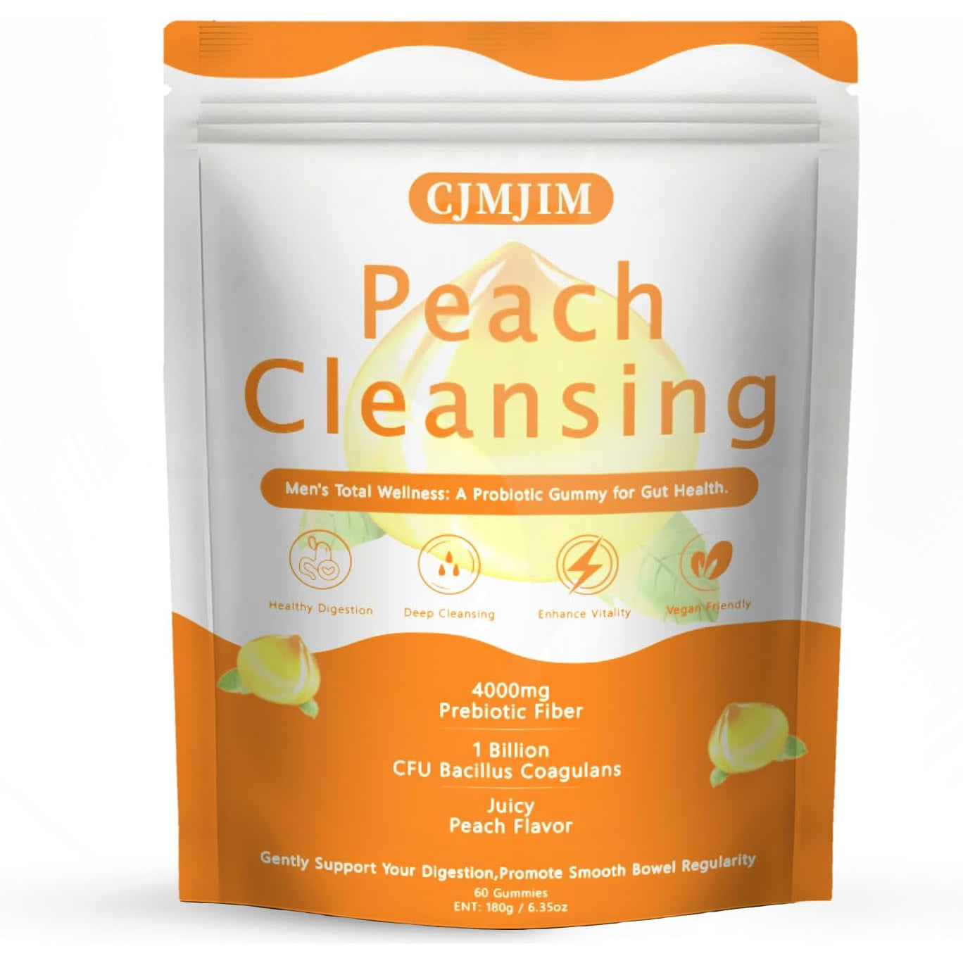 Peachy Clean Fiber Gummies with Prebiotic for Men, Peach Flavored Digestive Support & Detox Gummy Supplement, 60 Vegan Gummy Bears for Regularity & Gut Health (1)