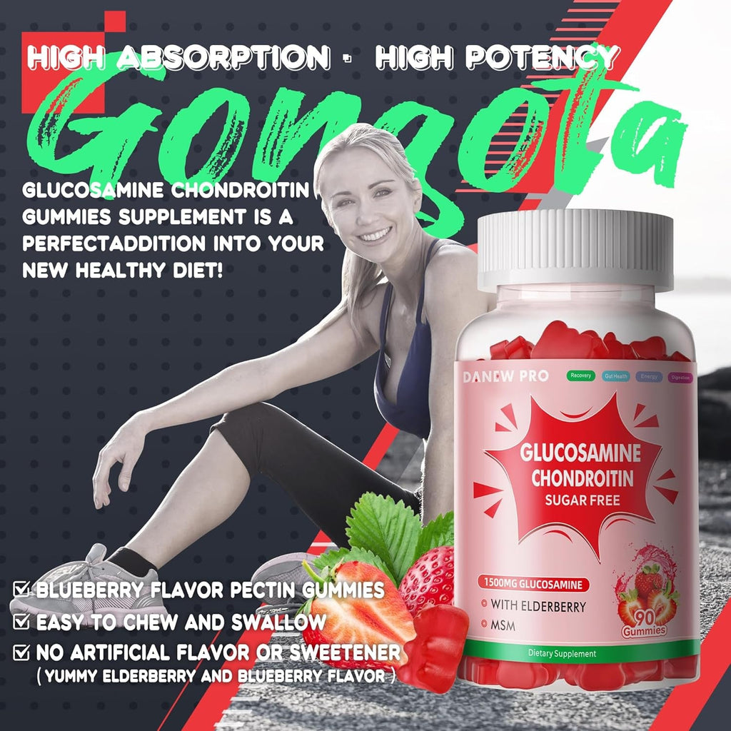 DANEW Pro Glucosamine Chondroitin Gummies with MSM & Elderberry Extra Strength - Joint Support, Antioxidant Immune Support Supplement for Adults, Men & Women.90 Strawberry Gummies