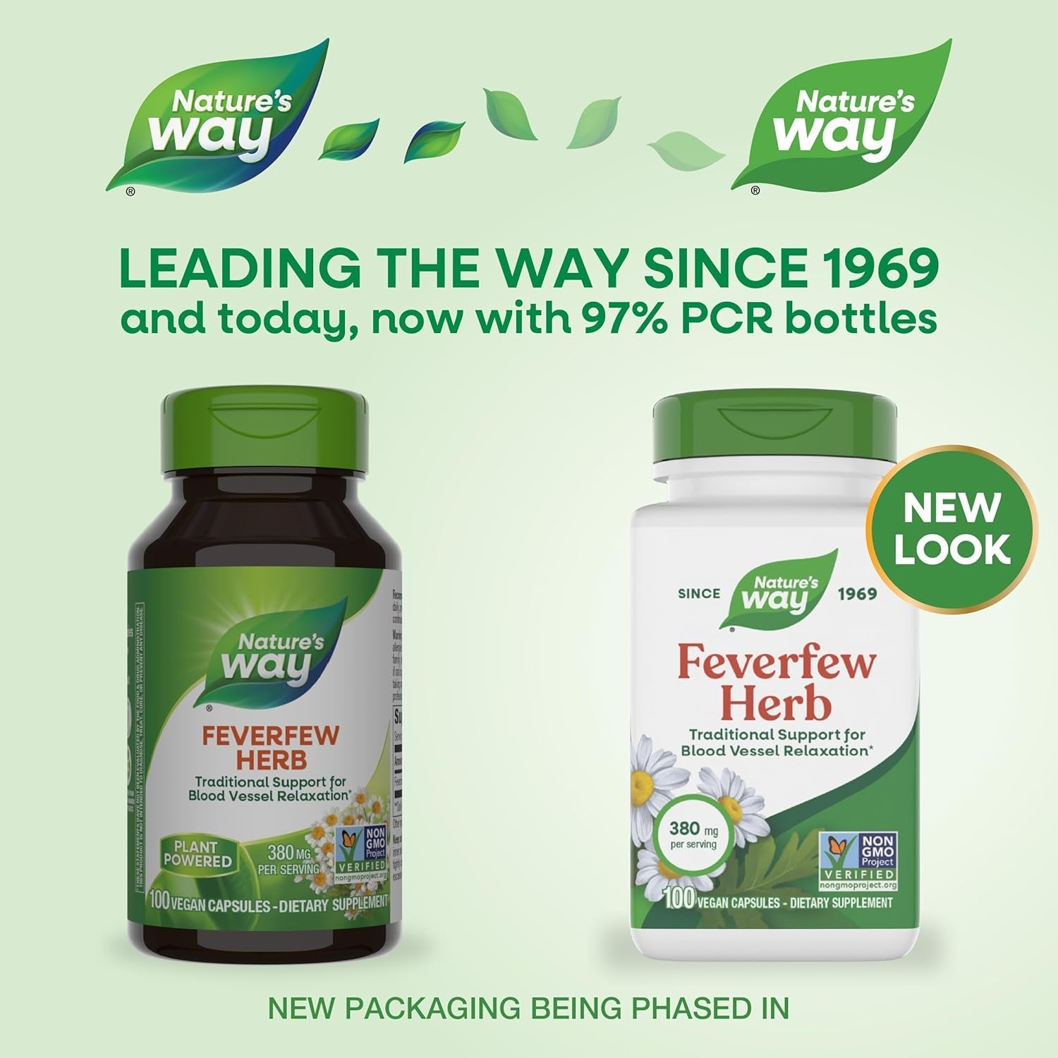 Nature'S Way Feverfew Herb, Traditional Support for Blood Vessel Relaxation*, 380 Mg per Serving, Non-Gmo Project Verified, 100 Vegan Feverfew Capsules (Packaging May Vary)