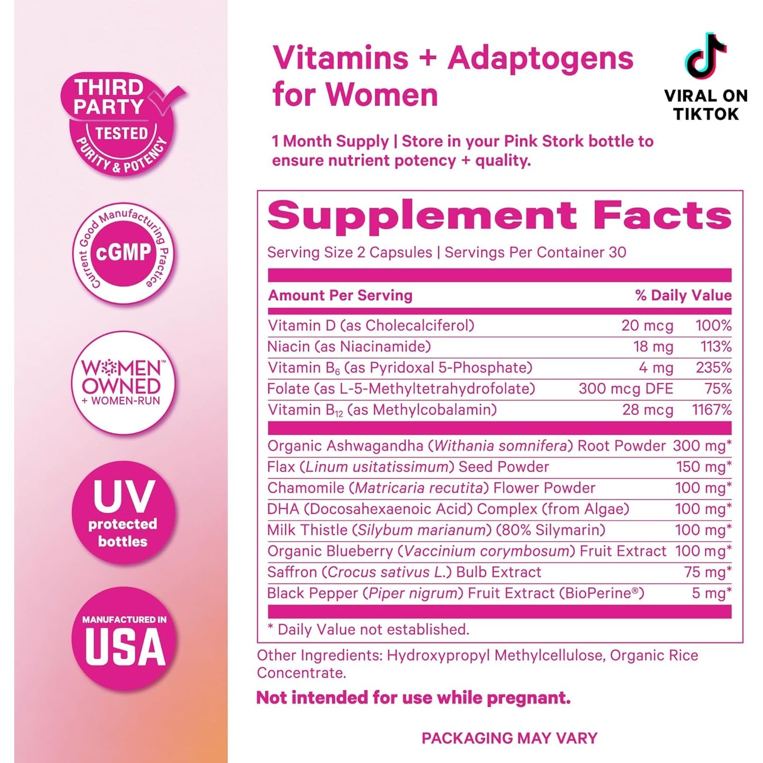 Pink Stork Cortisol Supplements for Women - Adaptogenic Adrenal Support & Stress Manager with Organic Ashwagandha, Omega 3, Saffron, Multivitamins - Mood & Hormone Balance - 60 Count