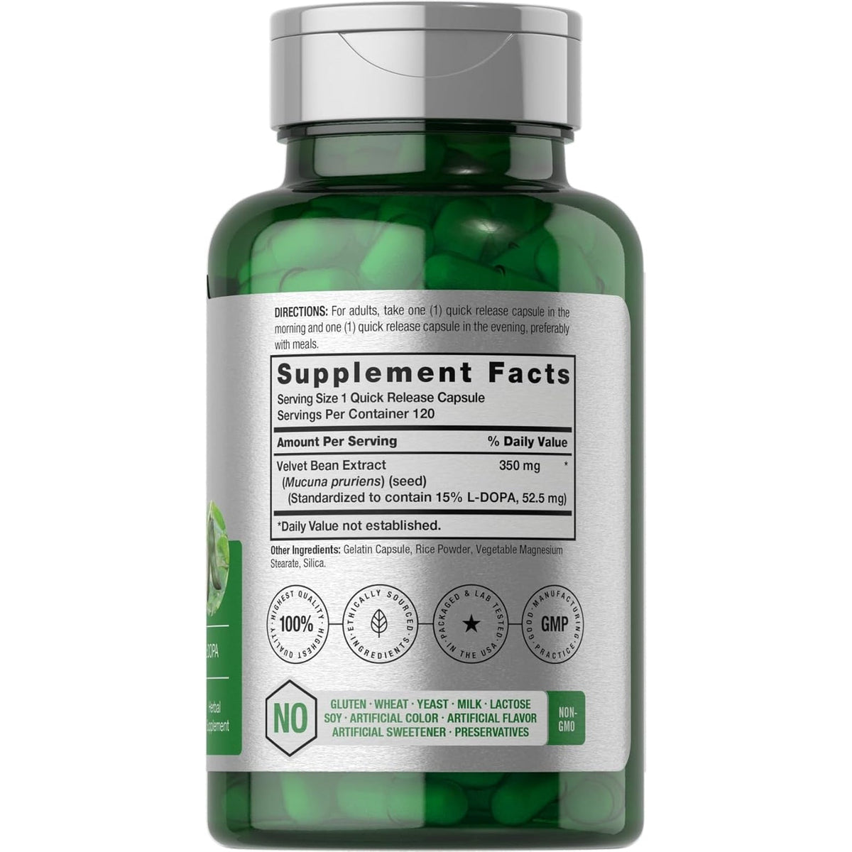 Horbäach Dopa Mucuna Supplement | 120 Capsules | Velvet Bean Herbal Extract | 15% L-Dopa | Non-Gmo & Gluten Free
