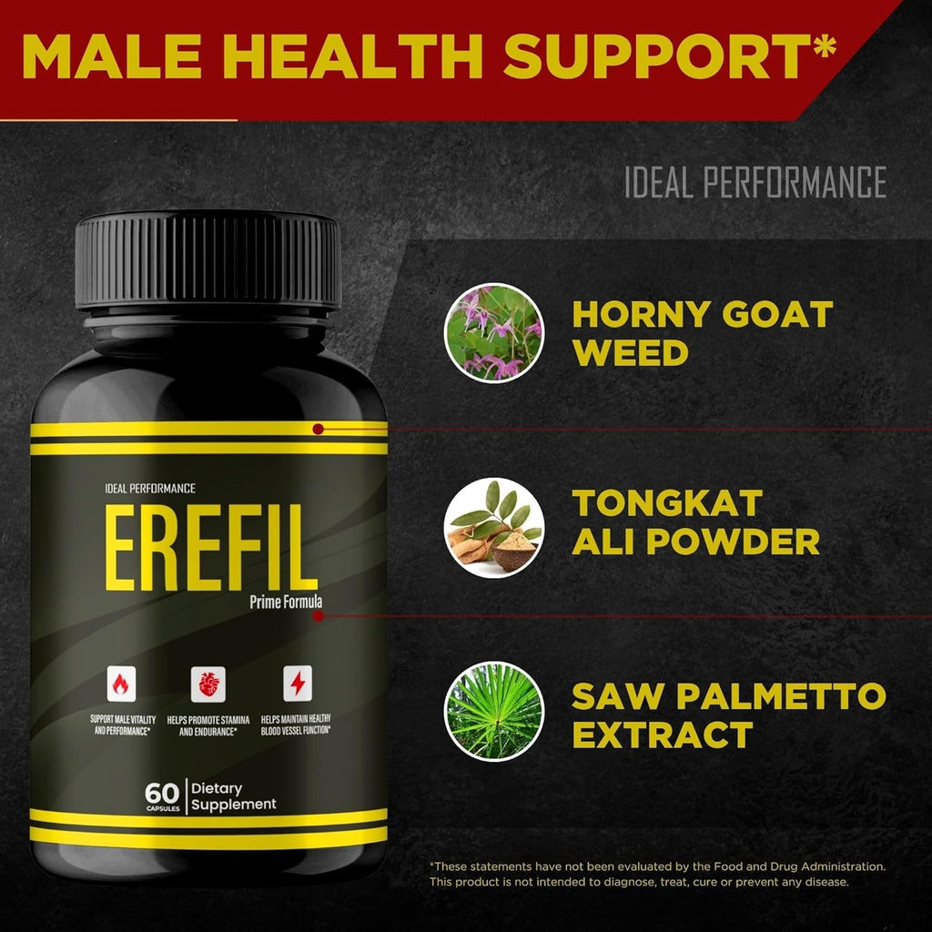 Erefil Supplement Capsules, Advanced Erefil Natural Pills - Maximum Strength, All Natural Performance, Stamina and Energy Support, Ere Fil Overall Health and Wellness Support Reviews (60 Capsules)